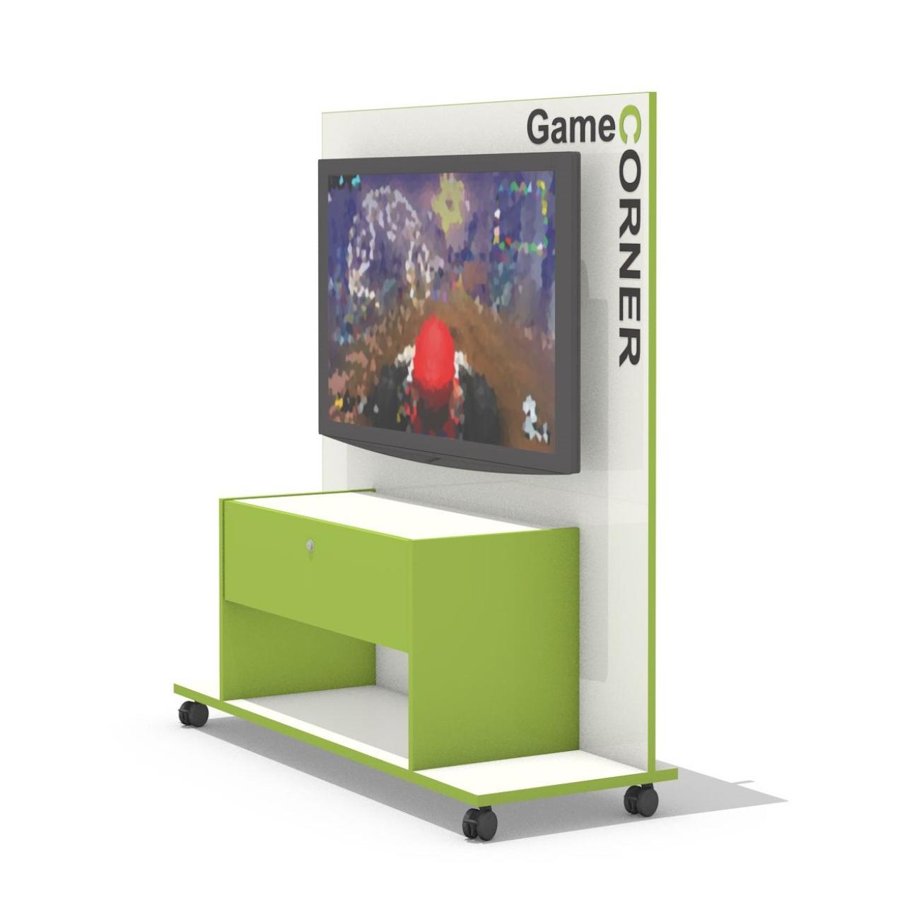 Game Corner, einseitig, fahrbar Game Corner, einseitig, fahrbar, incl. Bildschirmhalterung (ohne Elektrogeräte) Breite:1502 mm Tiefe:581 mm Höhe:1554 mm Oberfläche: Rückwand, Korpusdeckel-/ und Bodenplatte: Standardweiß Korpus, Klappe und Akzentkanten: Limonengrün