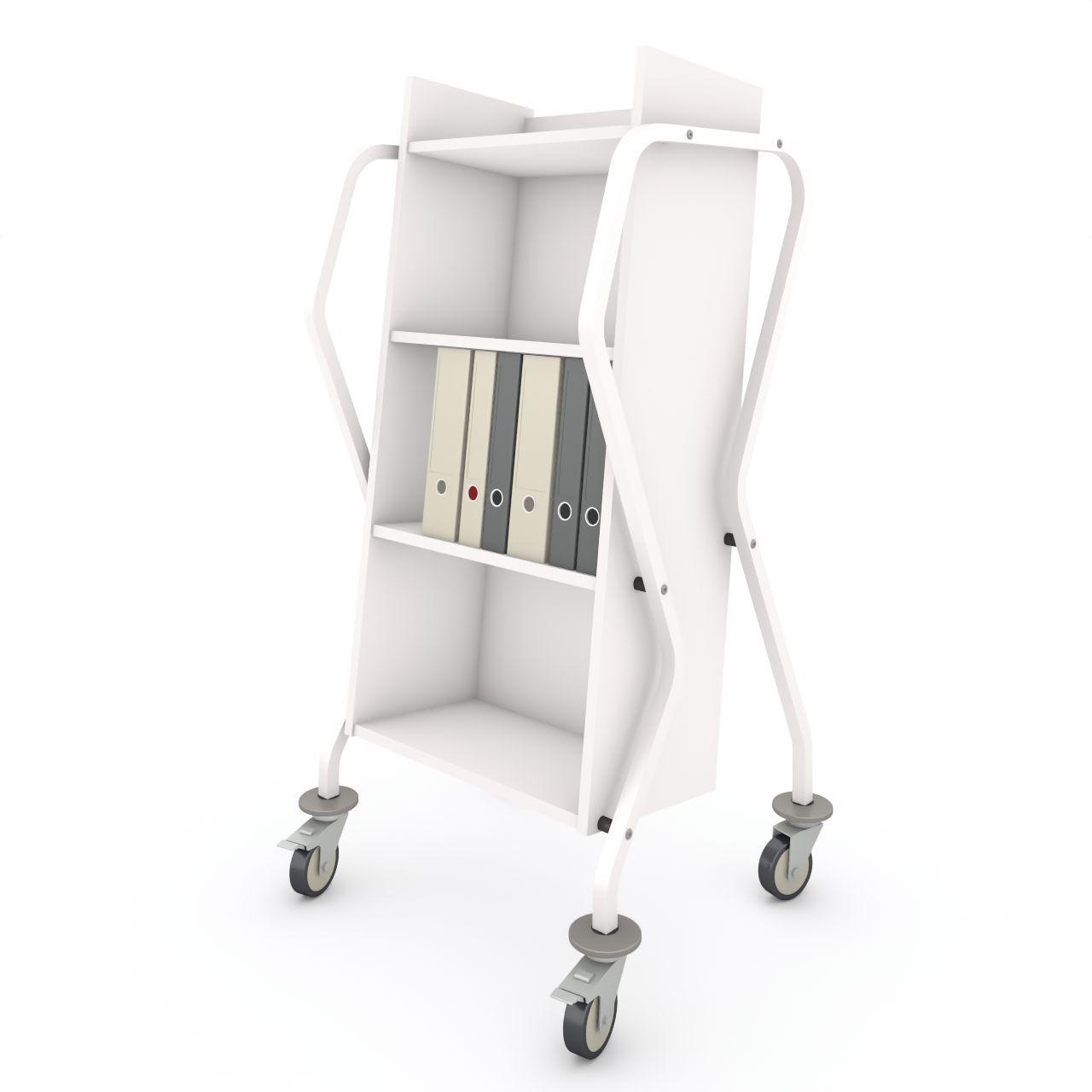 TWISTER light, Bücherwagen, mit Abweisgummiringe 4 Lenkrollen Ø100mm, 2 mit Feststeller  TWISTER light besteht aus 4 Festfachboden  Fachbodenbreite:512 mm Fachbodentiefe: 295 mm Fachbodenabstand: 320 mm  Breite: 728 mm Tiefe:640 mm Höhe:1420 mm  Oberfläc