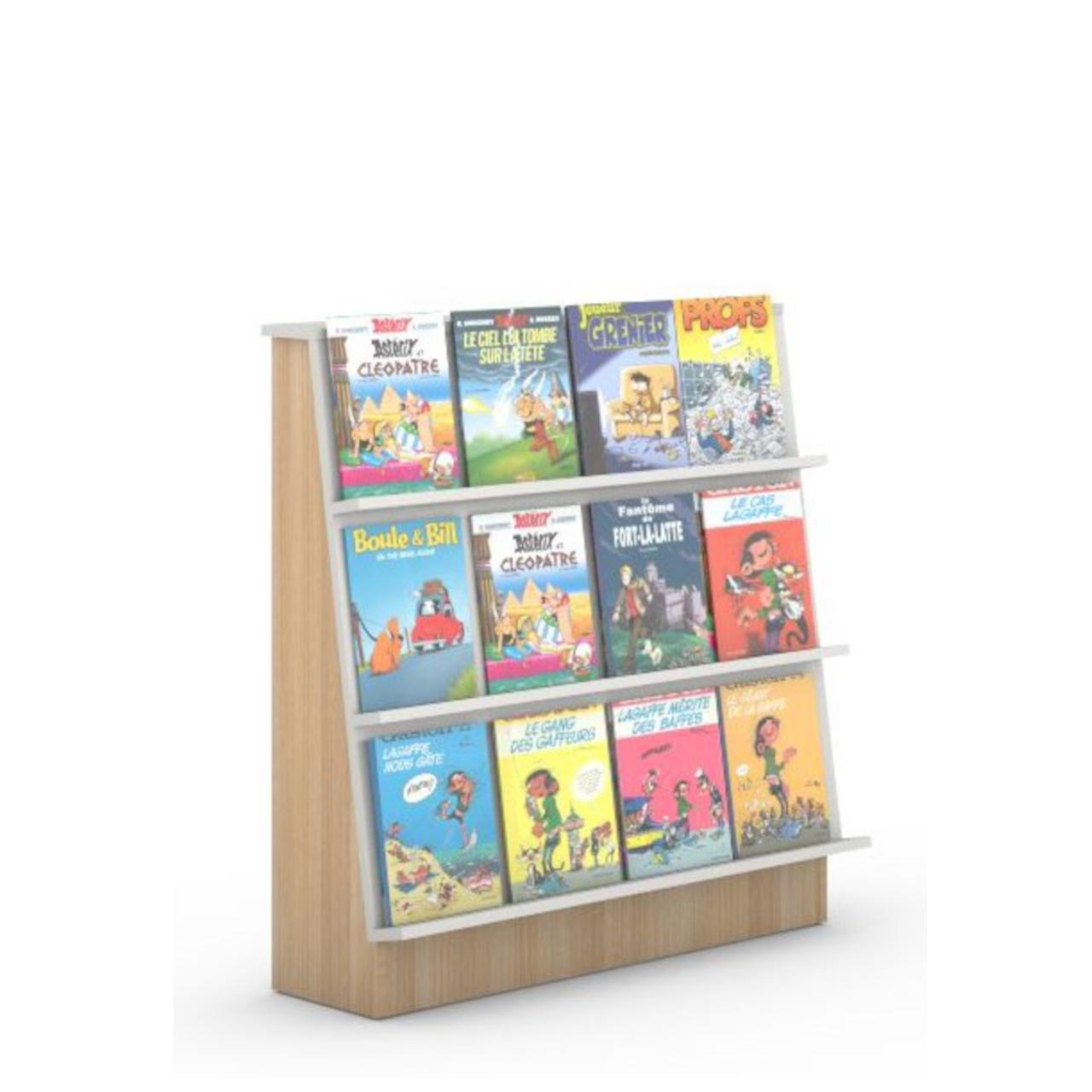 Präsentationsmöbel Tepee, einseitig Präsentationsmöbel Tepee, einseitige Ausführung mit schräggestellter Präsentationsfläche mit 3 Unterteilungen, Abstand 330 mm Breite: 948 mm Tiefe:411 mm Höhe:1134 mm Oberflächen: Präsentationsfläche und Deckelplatte: Standardweiß Seiten und Zargen:Lin