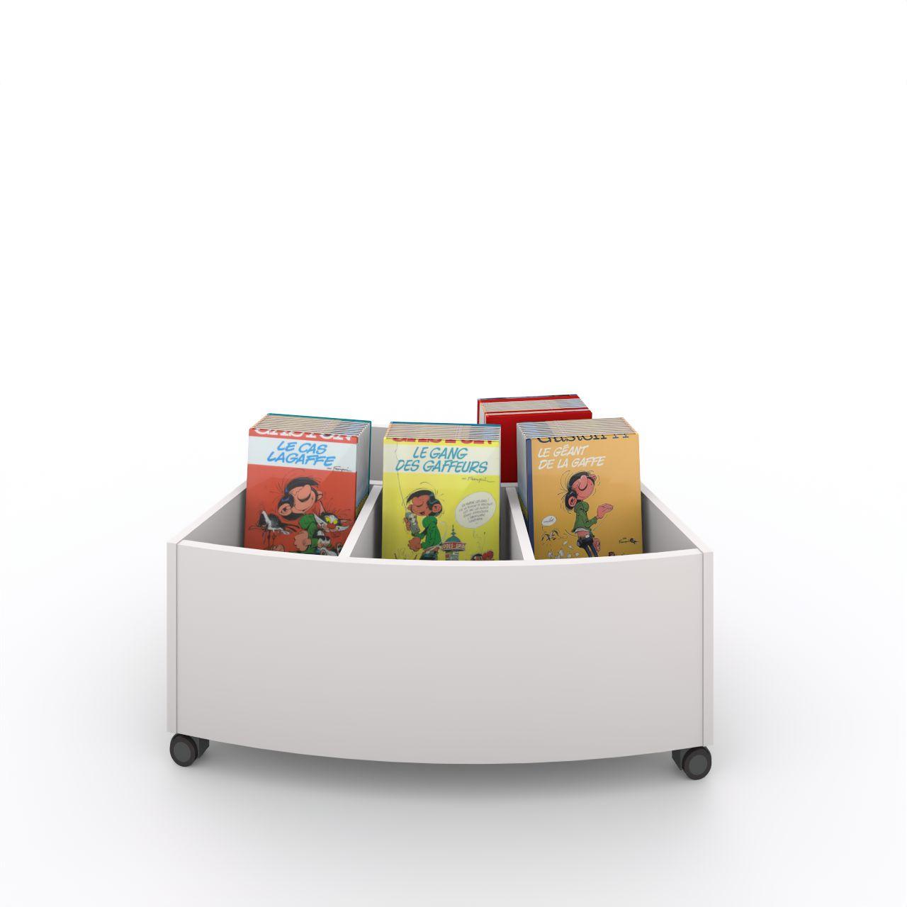 Büchertrog MARKET Radius H 405 mm, fahrbar MARKET Radius 5 Fächer, auf Rollen, 1 fester und 3 bewegliche Fachteiler für variable Facheinteilung, inkl. Antirutschmatten Breite: 965 mm Tiefe:670 mm Höhe: 405 mm Oberfäche: HPL / Melaminharz Korpus:Standardweiß Trennschiede:Standardweiß Kapazität