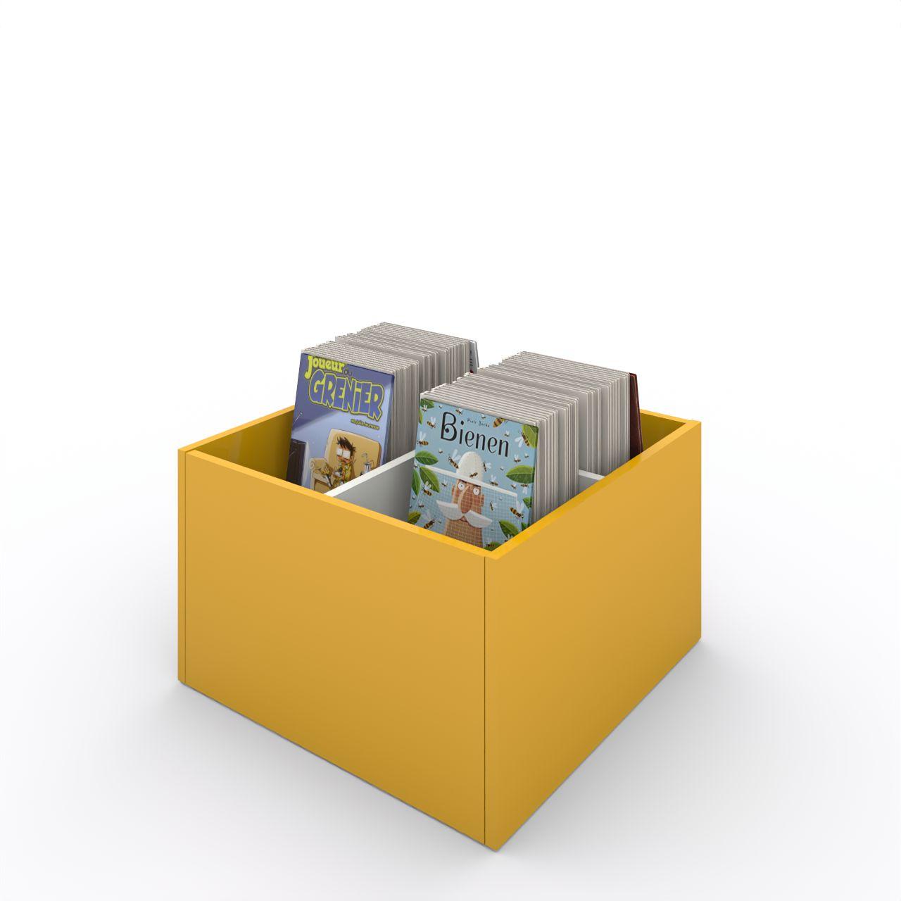 Büchertrog MARKET Quadrat, fest, H 405 mm MARKET Quadrat, 4 Fächer, auf Sockel, 1 fester und 2 herausnehmbaren Fachteiler inkl. Antirutschmatten Länge: 670 mm Tiefe: 670 mm Höhe:405 mm Oberfläche: Korpus: Dottergelb Trennschiede: Standardweiß Kapazität: 80 - 100 Comics oder Bilderbücher