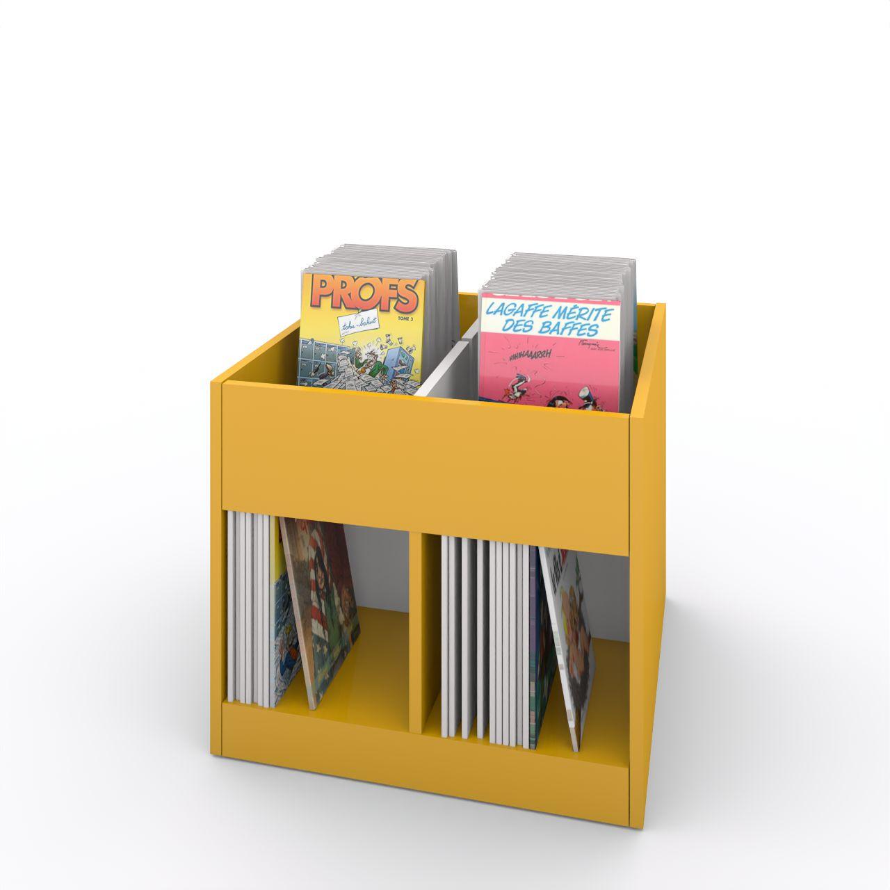 Büchertrog MARKET Quadrat, fest, H 605 mm MARKET Quadrat, 8 Fächer, auf Sockel seitlich 4 offene Fächer, oben 1 fester und 2 herausnehmbaren Fachteiler, inkl. Antirutschmatten Breite: 670 mm Tiefe:670 mm Höhe: 605 mm Oberfläche: Korpus: Dottergelb Trennschiede und Rückwände: Standardweiß Kapa