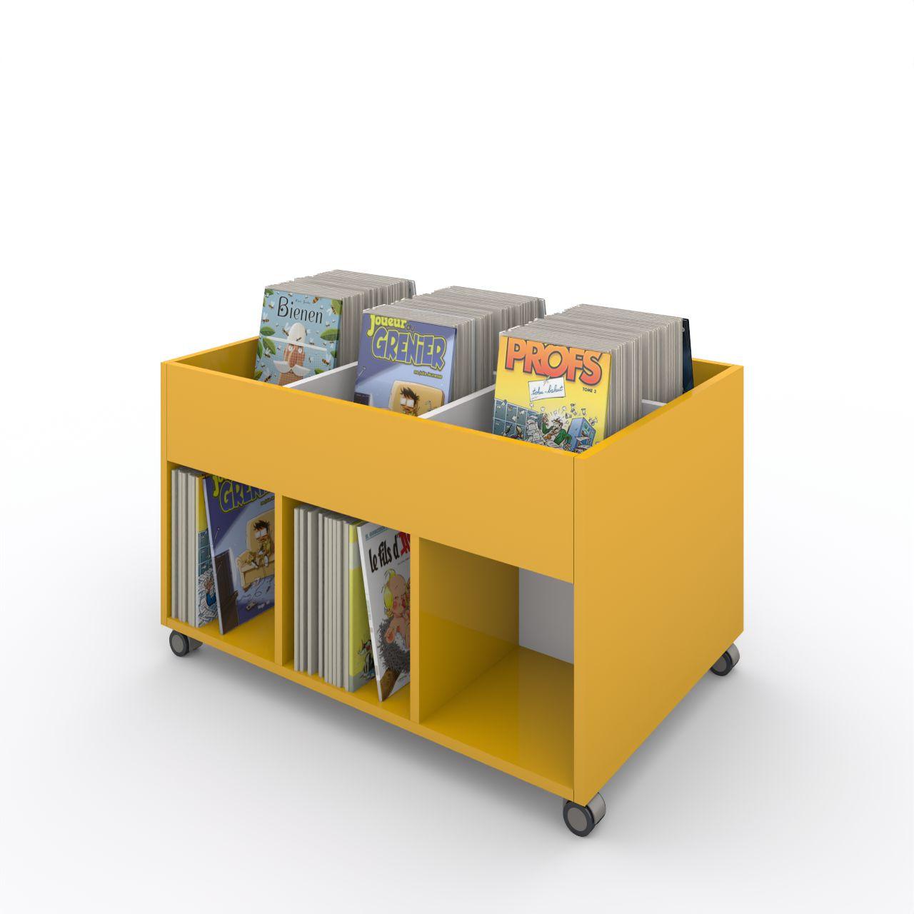 Büchertrog MARKET Rechteck, fahrbar, H 605 mm MARKET Rechteck, 12 Fächern, auf Rollen seitlich 6 Fächer, oben 1 fester und 4 herausnehmbaren Fachteiler inkl. Antirutschmatten Breite: 995 mm Tiefe:670 mm Höhe: 605 mm Oberfläche: Korpus: Dottergelb Trennschiede und Rückwände: Standardweiß Kapazitä