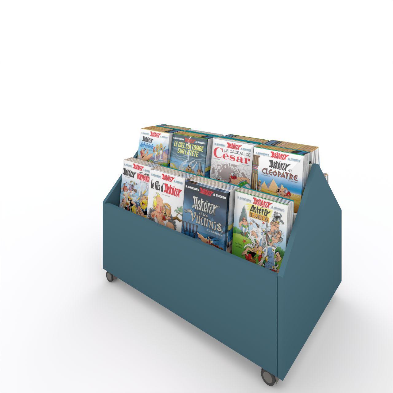 VILLAGE 1D L Trog, doppelseitig, fahrbar VILLAGE 1D L, doppelseitig, auf Rollen 4 Fächer, inkl. Antirutschmatte je Fach Breite: 995 mm Tiefe:670 mm Höhe: 710 mm Oberfächen: Korpus: Atlantikblau Trennschiede: Standardweiß Kapazität: 110-130 Comics oder Bilderbücher