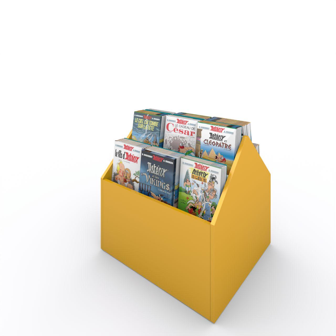 VILLAGE 1D Trog, doppelseitig, fest VILLAGE 1D, doppelseitig, auf Sockel, Freistehend 4 Fächer, mit Sockelgleiter, inkl. Antirutschmatte je Fach Breite: 750 mm Tiefe:670 mm Höhe: 710 mm Oberfäche: Korpus: Dottergelb Trennschiede: Standardweiß Kapazität: 80-100 Comics oder Bilderbücher