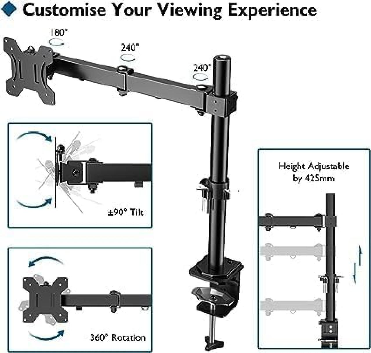 Monitorhalter, höhenverstellbar, neig- und schwenkbar, für Flachbildschirme von 13-32'', VESA 75/100, bis 8 kg Befestigung am Tisch mittels Tischhalterung oder durchgehender Schraube  Metall, mattschwarz lackiert