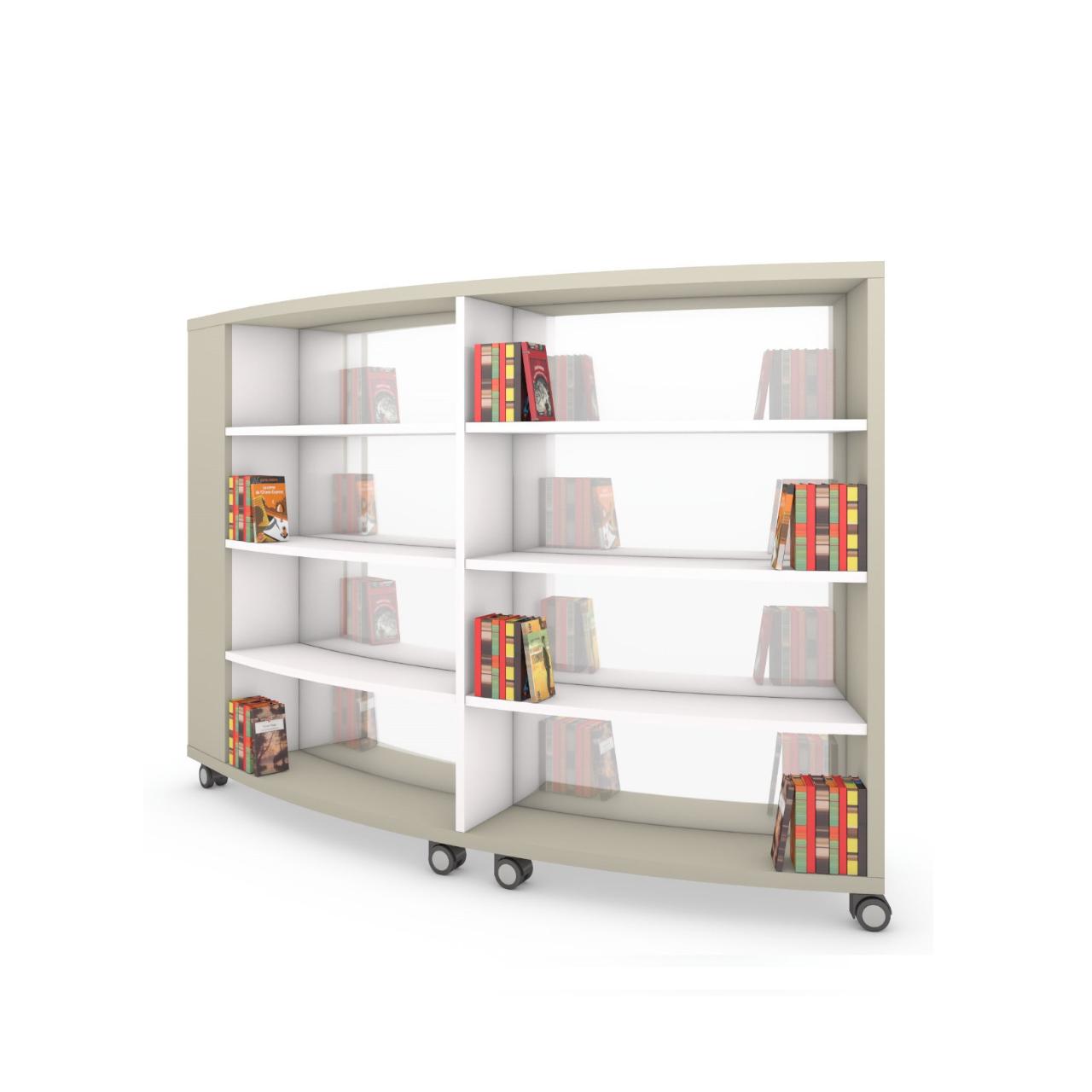 Nova RUND mobile, 2 Sektionen+Stirnseitenrega Nova RUND mobile, 2 Sektionen + Stirnseitenregal rechts, incl. 3 Fachböden je Sektion und Seite (ohne Fachböden für Stirnseitenregal) Breite:2256 mm Tiefe:530 mm Höhe:1553 mm Oberflächen: Außenseite: Kaschmirgrau Mittelseite:Standardweiß Stirnseitenreg