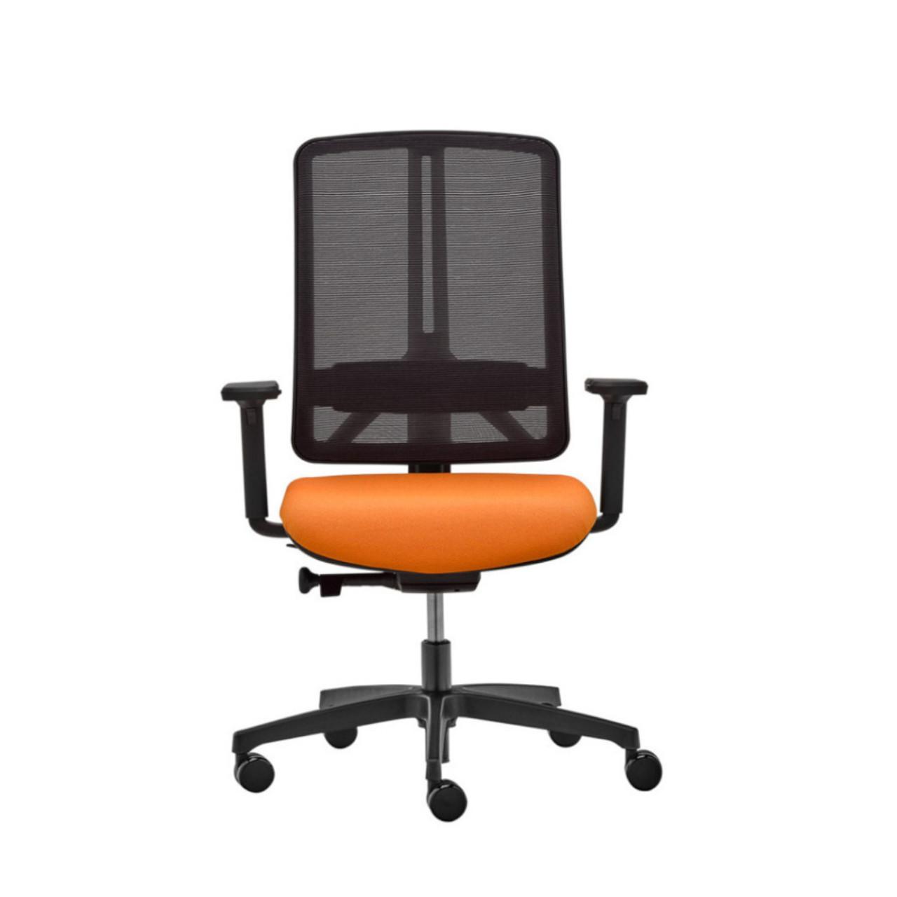 Bürostuhl Flexi mit Netzrücken und Armlehnen Bürodrehstuhl Flexi - auf Rollen, - mit Netzrücken - Armlehnen höhenverstellbar - Lumbalstütze höhenverstellbar Sitzhöhe 410-530 mm, Fußkreuz schwarz Breite:680 mm Tiefe: 680 mm Höhe: 1020-1200 Sitzpolster: Rim Fame 4150, orange Netzrücken:Rim, Net