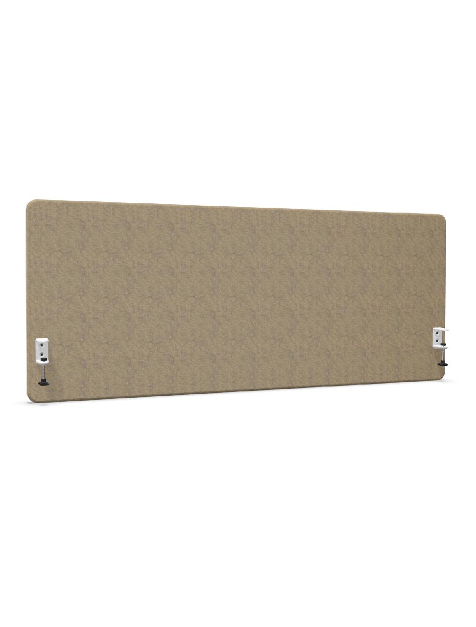 Akustik-Element, Sichtschutz mit abgerundeten Ecken R35 incl. Befestigungsset zur Montage an Tischplatten bis max. 42 mm  Dicke: 40 mm Breite:1600 mm Höhe: 650 mm ergibt450 mm Überstand zur Tischplatte  Farbe: lichtbraun Reißverschluß: Schwarz Tischklemm