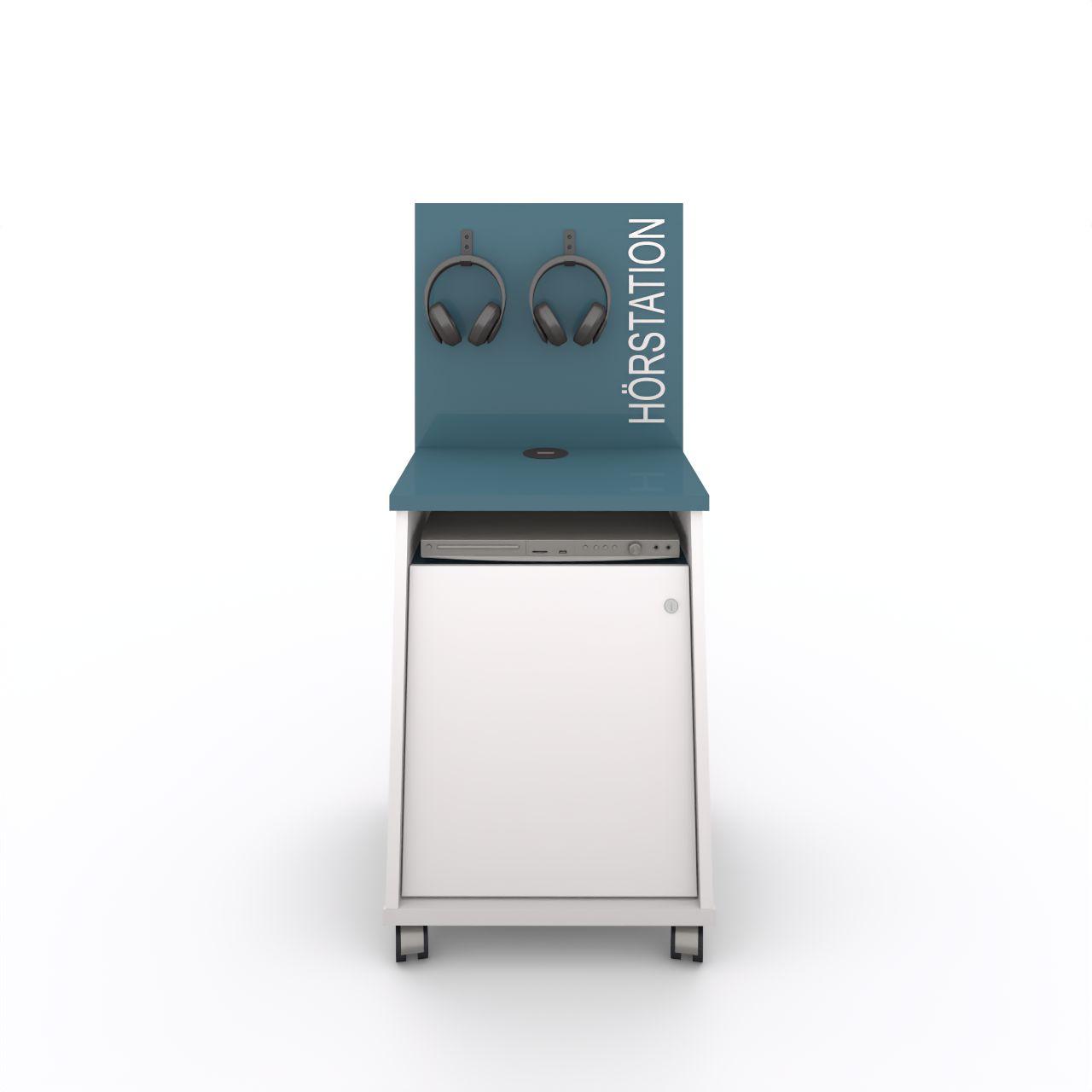 ZIKKY Hörstation, mobile ZIKKY Hörstation mobile mit abschließbarem Fach, !!ohne Elektrogeräte!! bitte extra bestellen Breite: 524 mm Tiefe:450 mm Höhe:1200 mm Korpus: Standardweiß Rückwand und Platte: Atlantikblau