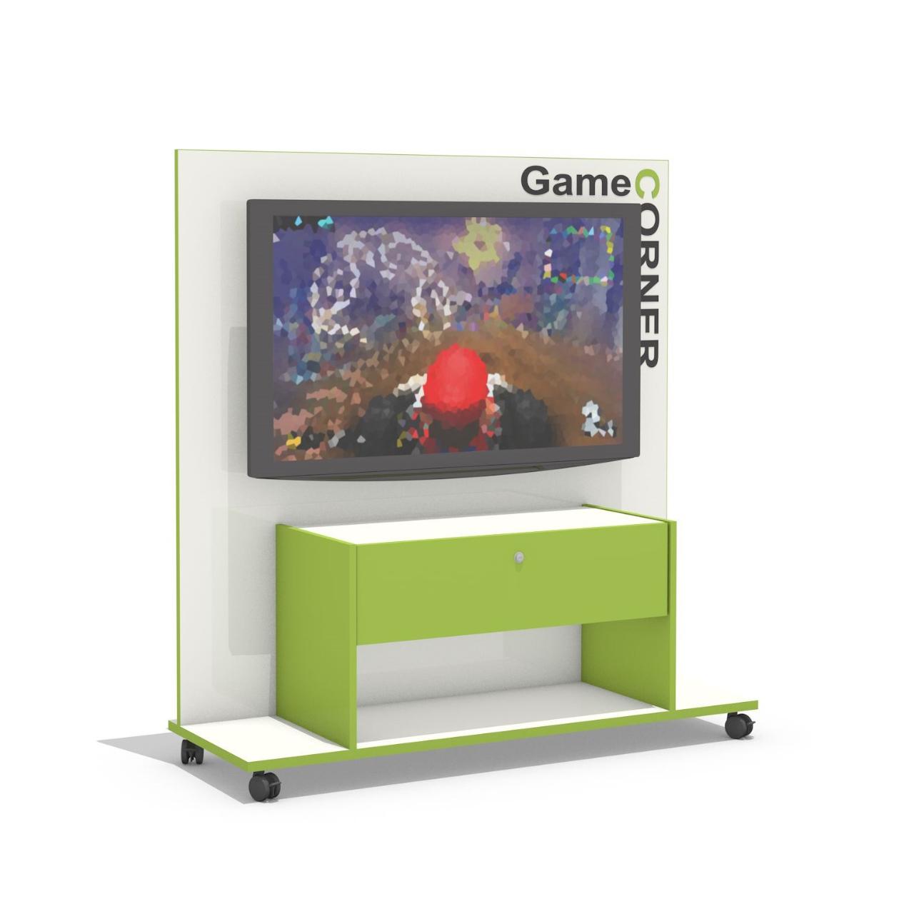 Game Corner, einseitig, fahrbar Game Corner, einseitig, fahrbar, incl. Bildschirmhalterung (ohne Elektrogeräte) Breite:1502 mm Tiefe:581 mm Höhe:1554 mm Oberfläche: Rückwand, Korpusdeckel-/ und Bodenplatte: Standardweiß Korpus, Klappe und Akzentkanten: Limonengrün