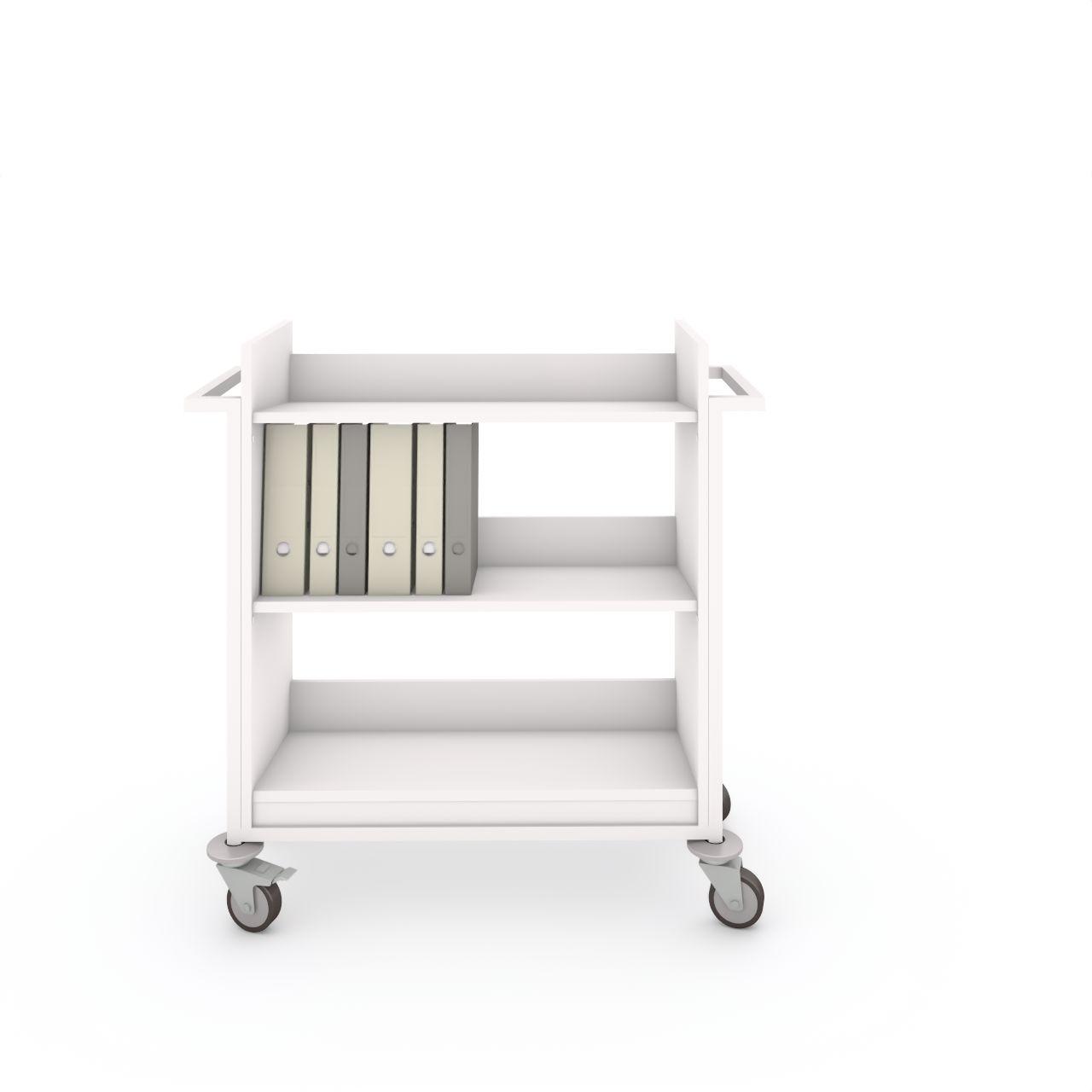 Bücherwagen TWO Bücherwagen TWO mit Abweisgummiringen mit 4 Lenkrollen Ø100 mm, 2 mit Feststeller TWO besteht aus 3 Festschrägfachboden Fachbodenbreite:822 mm Fachbodentiefe: 344 mm Anschlagshöhe:100 mm Fachbodenabstand: 326 mm Aussenmaße: L 1081 x T 470 x H 1075 mm