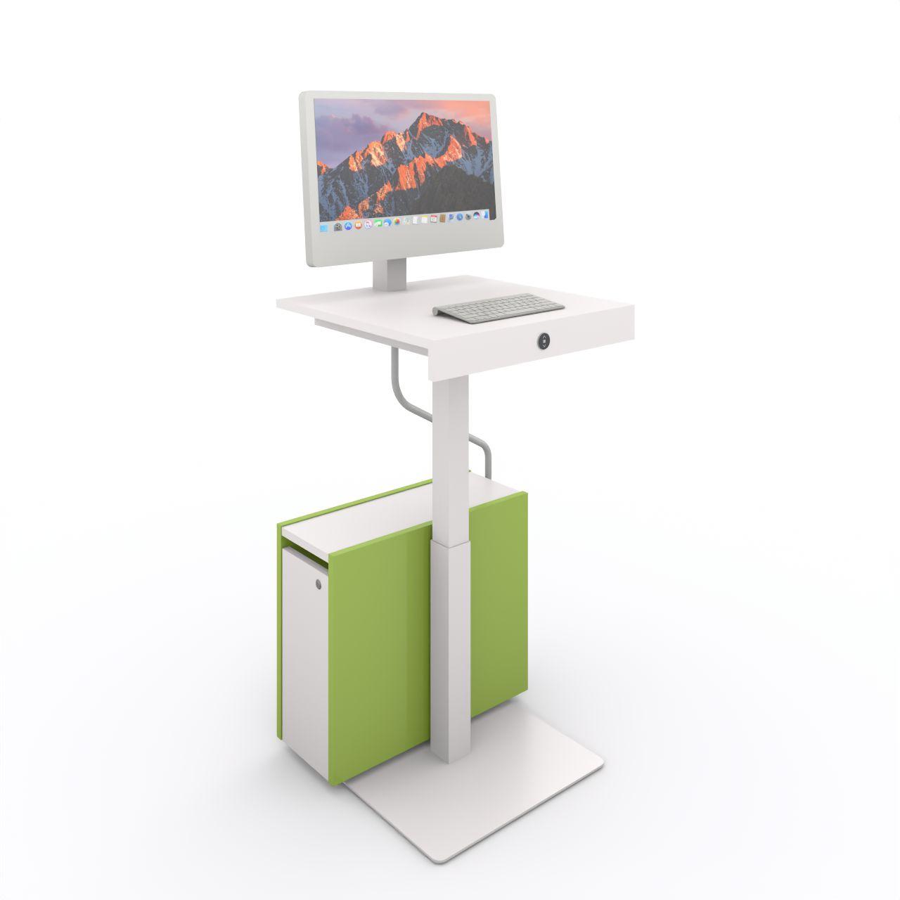 E-OPAC, elektrisch höhenverstellbar mit Box OPAC-Stehpult, elektrisch höhenverstellbar von ca. 605 - 1265 mm, mit Rechnerbox incl. Kabelschlauch Ø25 mm Breite: 590 mm Tiefe:590 mm Oberfläche: Bodenplatte und Säule: Standardweiß matt Monitor-/Tastaturplatte: Standardweiß Rechnerbox Seiten: Limone
