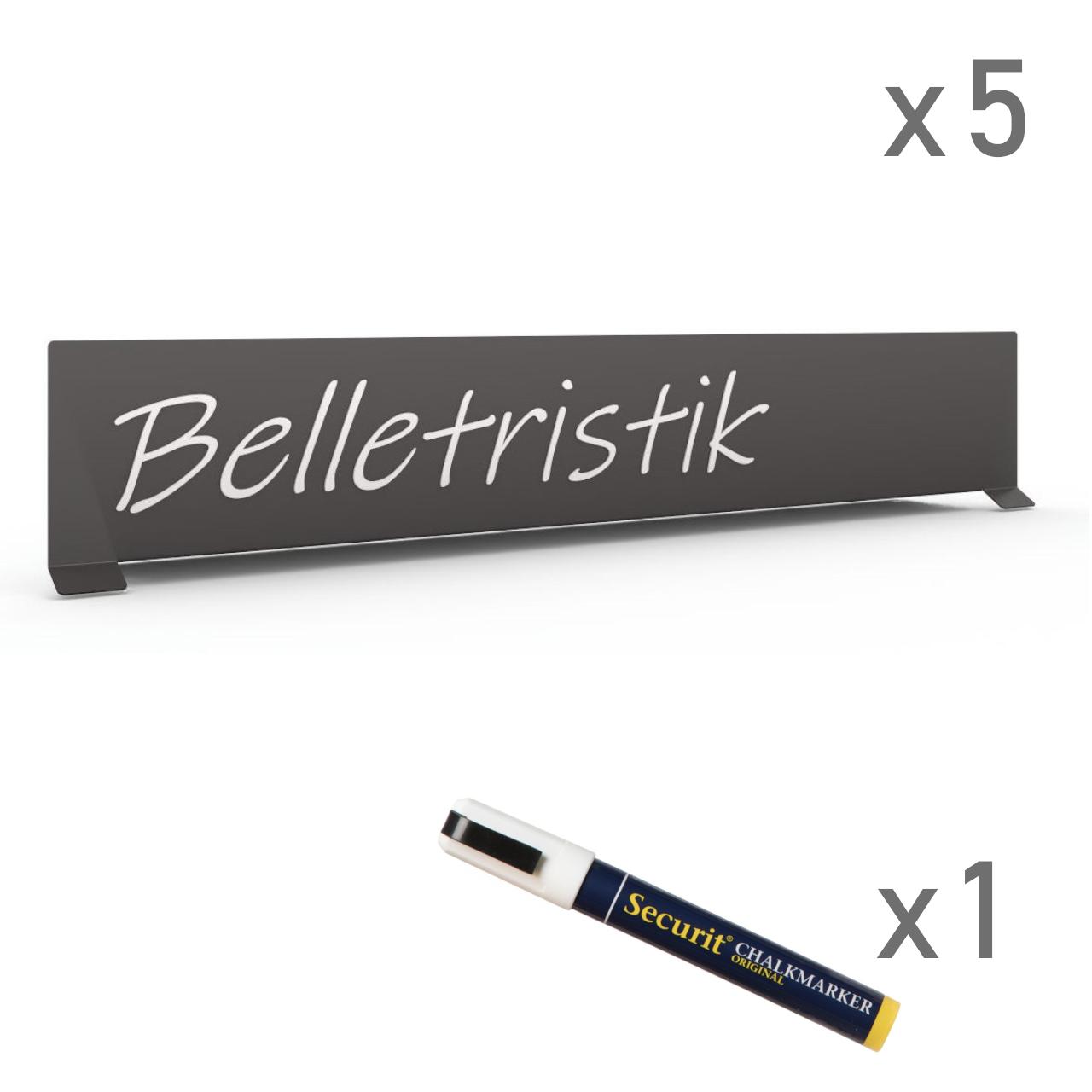 Beschriftungsaufsteller H100 mm, 5 Stk. Beschriftungsaufsteller aus Metall, lackiert zum Beschriften mit: - Kreidestiften - Klebebuchstaben Verpackungseinheit: 5 Stück incl. 1 Kreidestift in weiß Breite: 600 mm Tiefe: 96 mm Höhe: 111 mm Oberfläche:Anthrazitgrau (ähnl. RAL 7016) matt