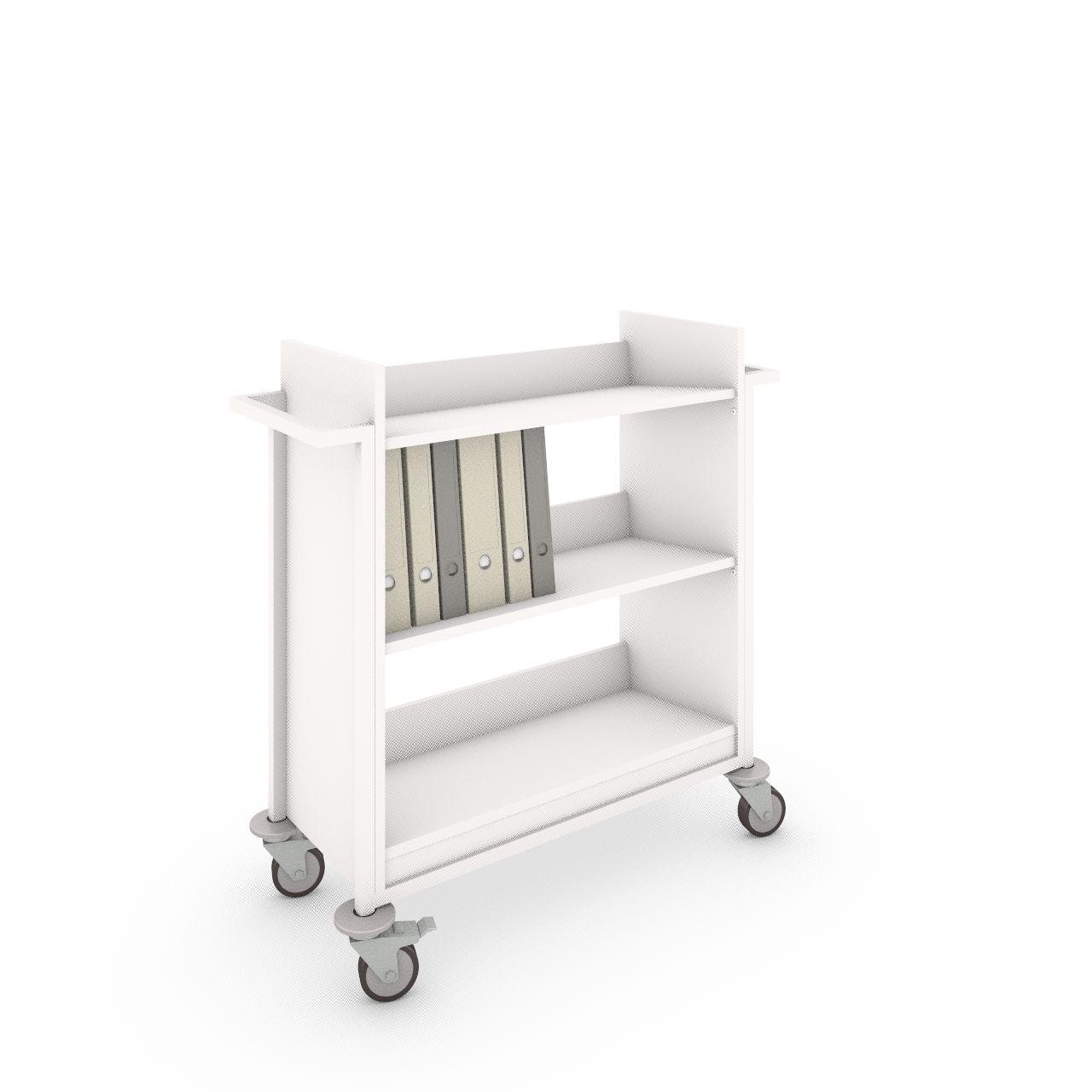 Bücherwagen TWO Bücherwagen TWO mit Abweisgummiringen mit 4 Lenkrollen Ø100 mm, 2 mit Feststeller TWO besteht aus 3 Festschrägfachboden Fachbodenbreite:822 mm Fachbodentiefe: 344 mm Anschlagshöhe:100 mm Fachbodenabstand: 326 mm Aussenmaße: L 1081 x T 470 x H 1075 mm