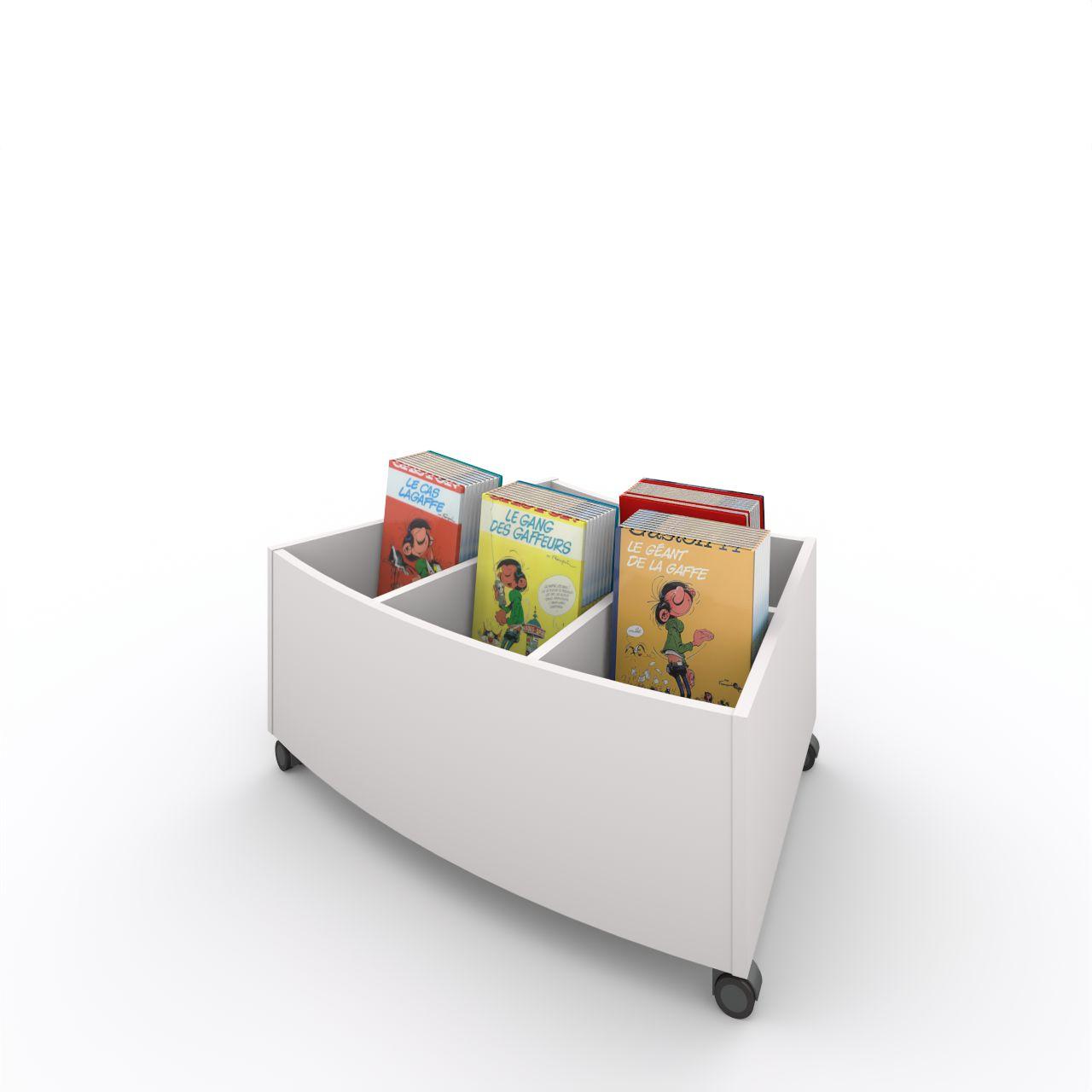 Büchertrog MARKET Radius H 405 mm, fahrbar MARKET Radius 5 Fächer, auf Rollen, 1 fester und 3 bewegliche Fachteiler für variable Facheinteilung, inkl. Antirutschmatten Breite: 965 mm Tiefe:670 mm Höhe: 405 mm Oberfäche: HPL / Melaminharz Korpus:Standardweiß Trennschiede:Standardweiß Kapazität