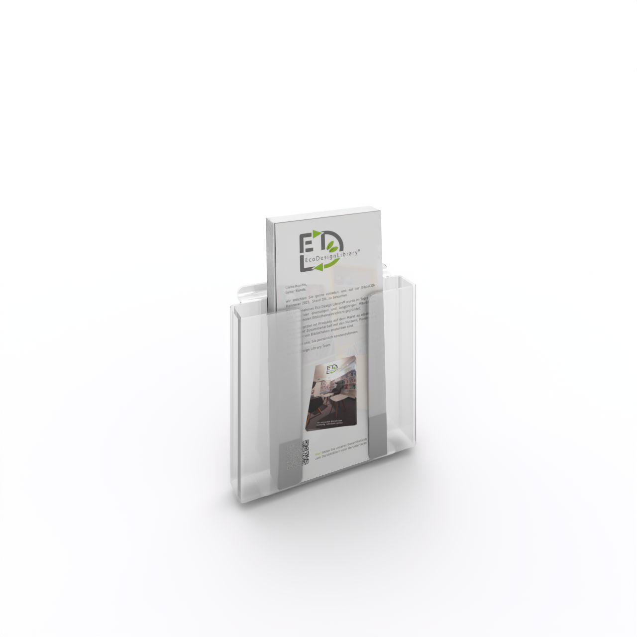 Acryldisplay Prospekthalter DIN A5 Acryldisplay Prospekthalter DIN A5; Entnahme der Prospekte von oben, kleine Einbuchtung für leichteren Zugriff; 2 Laschen zum Einhängen in Präsentationsschiene Breite: 165 mm Tiefe: 40 mm Höhe: 155 mm Kunststoff, glasklar