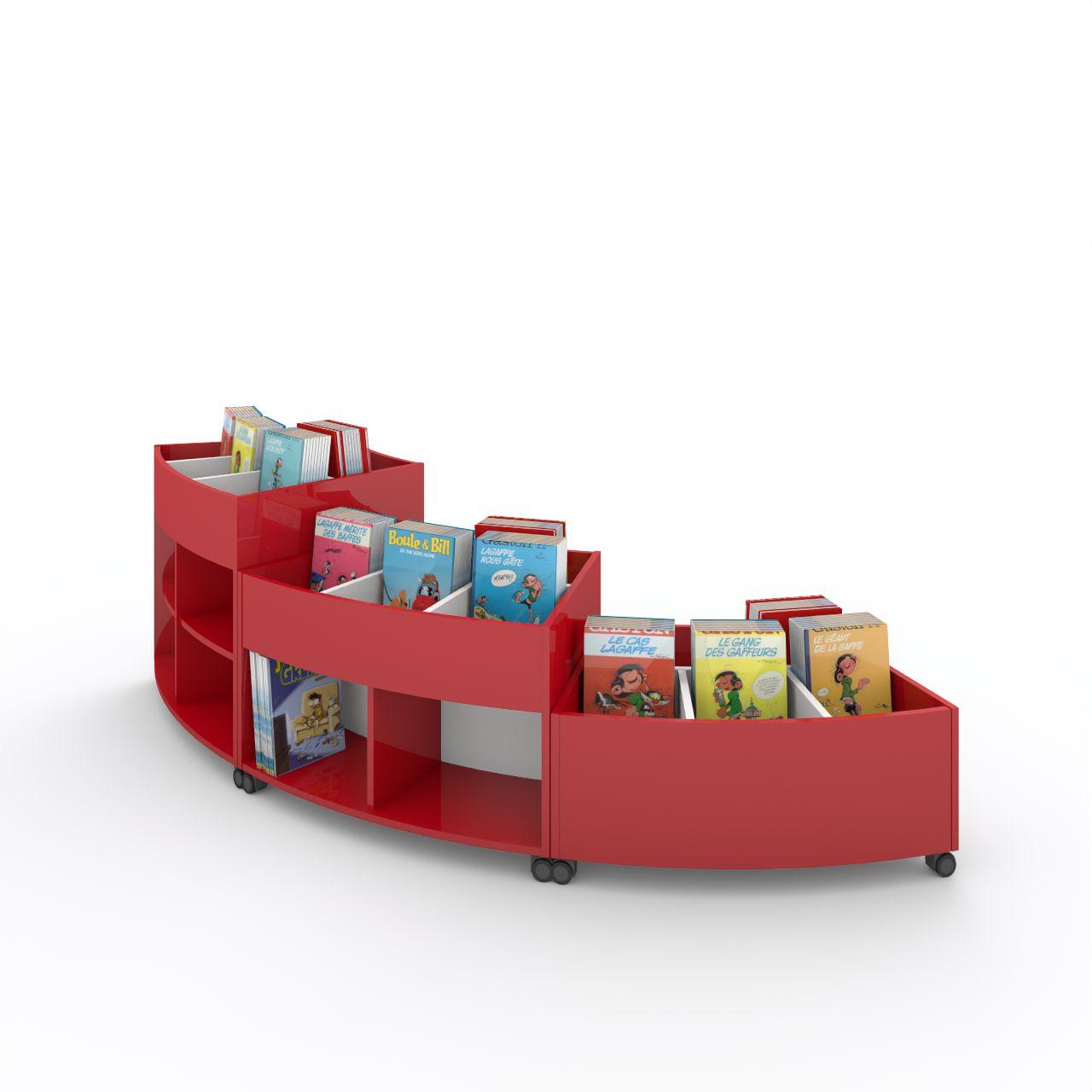 Büchertrog MARKET Radius, fahrbar, H 805 mm MARKET Radius 13 Fächer, auf Rollen seitlich 8 Fächern mit höhenverstellbaren Fachboden, oben 1 fester und 3 bewegliche Fachteiler für bis zu 5 Fächer, inkl. Antirutschmatten Breite: 965 mm Tiefe:670 mm Höhe: 805 mm Oberfäche: HPL / Melaminharz Korpus