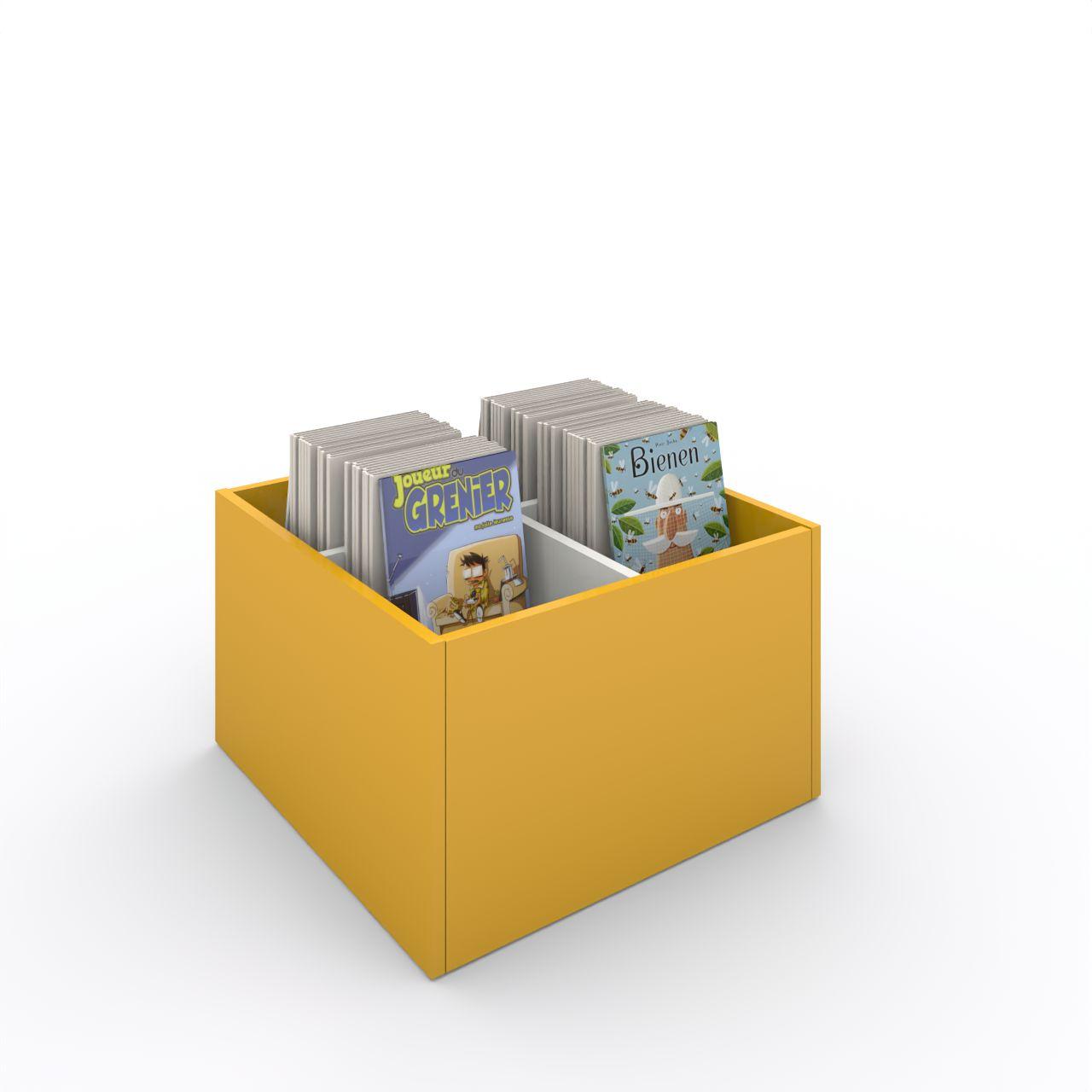 Büchertrog MARKET Quadrat, fest, H 405 mm MARKET Quadrat, 4 Fächer, auf Sockel, 1 fester und 2 herausnehmbaren Fachteiler inkl. Antirutschmatten Länge: 670 mm Tiefe: 670 mm Höhe:405 mm Oberfläche: Korpus: Dottergelb Trennschiede: Standardweiß Kapazität: 80 - 100 Comics oder Bilderbücher