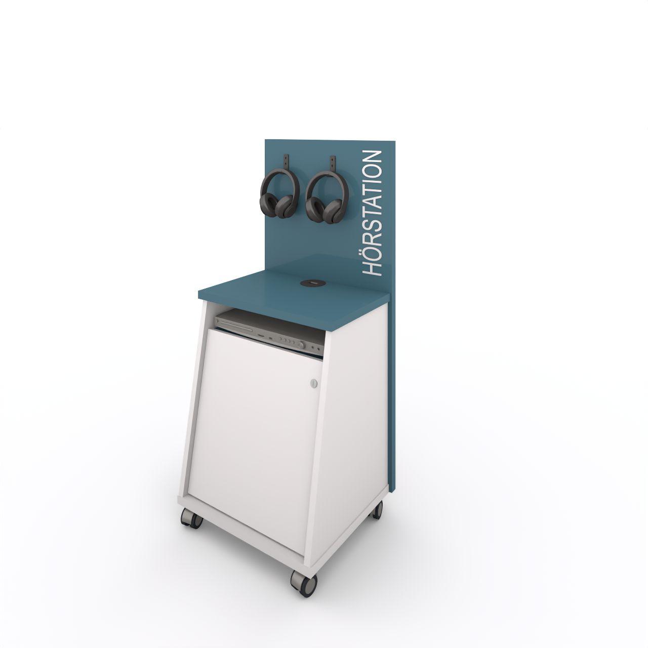 ZIKKY Hörstation, mobile ZIKKY Hörstation mobile mit abschließbarem Fach, !!ohne Elektrogeräte!! bitte extra bestellen Breite: 524 mm Tiefe:450 mm Höhe:1200 mm Korpus: Standardweiß Rückwand und Platte: Atlantikblau