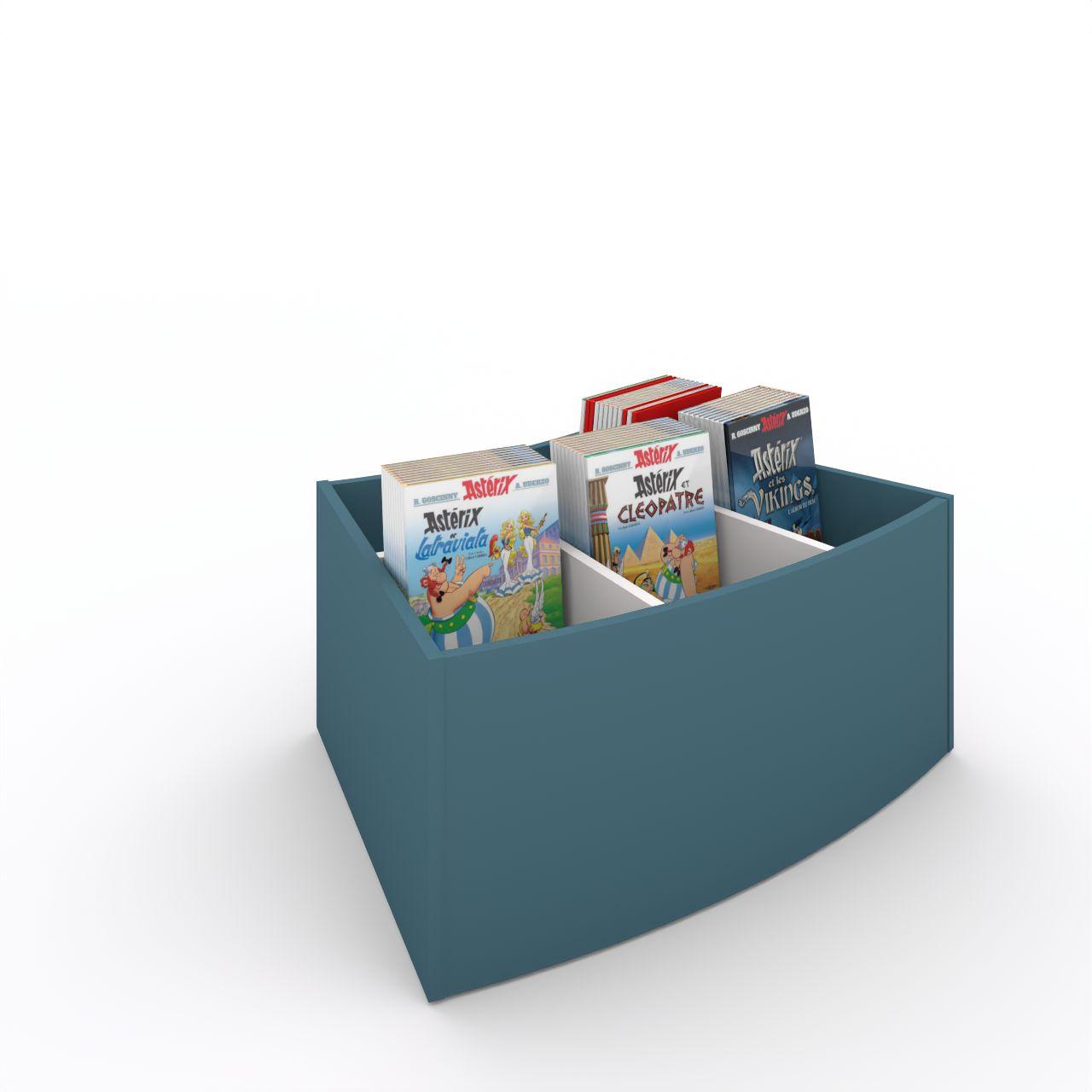 Büchertrog MARKET Radius, fest, H 405 mm Market Radius 5 Fächer mit Sockel oben 1 fester und 3 bewegliche Fachteiler für variable Facheinteilung inkl. Antirutschmatten Breite: 965 mm Tiefe:670 mm Höhe: 405 mm Oberfäche: HPL / Melaminharz Korpus: Atlantikblau Trennschiede: Standardweiß Kapaz