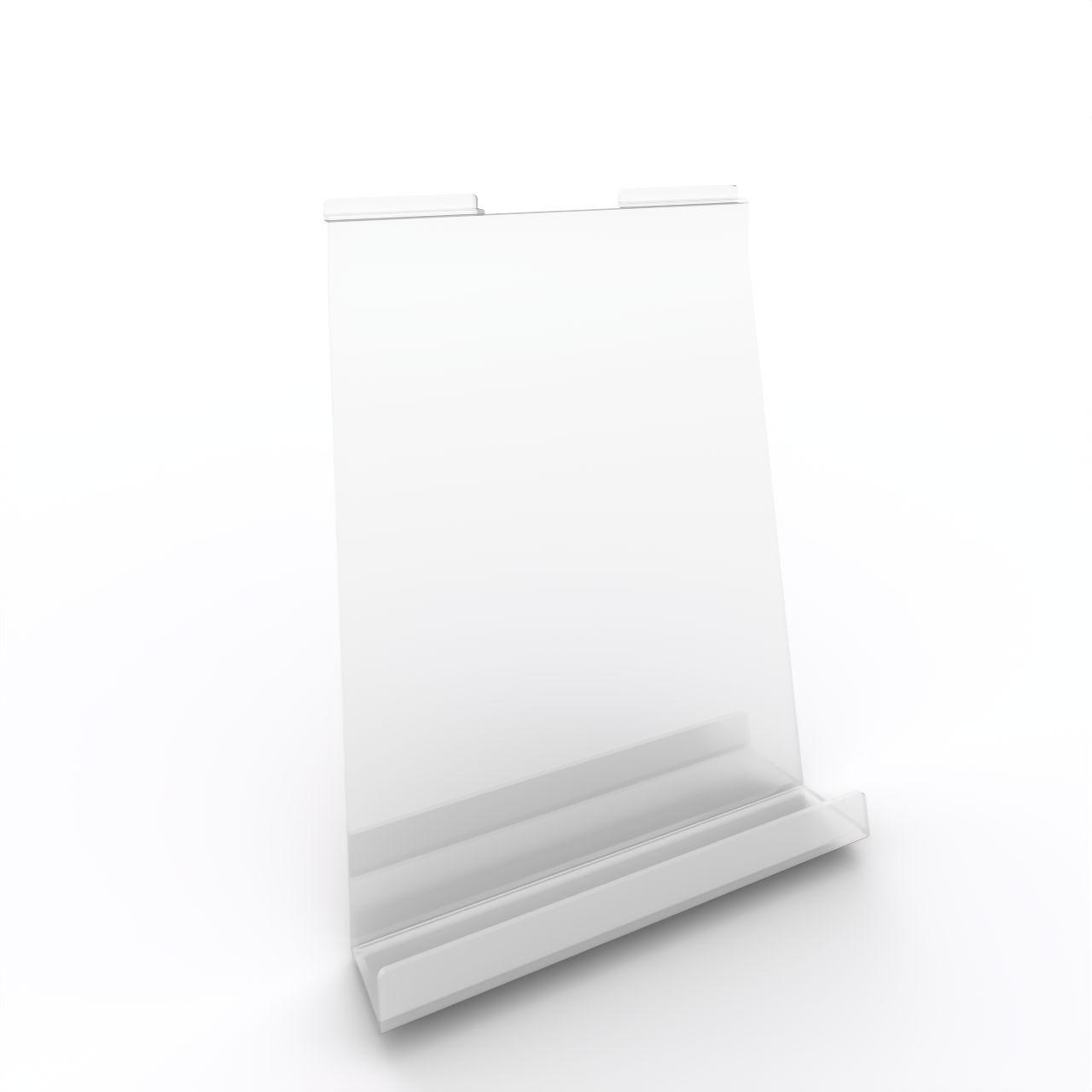 Acryldisplay Buchhalter mit Aufkantung Acryldisplay Buchhalter mit Aufkantung, Öffnung rechts zum Einhängen in Präsentationsschiene Breite: 230 mm Tiefe: 40 mm Höhe: 289 mm Kunststoff, glasklar