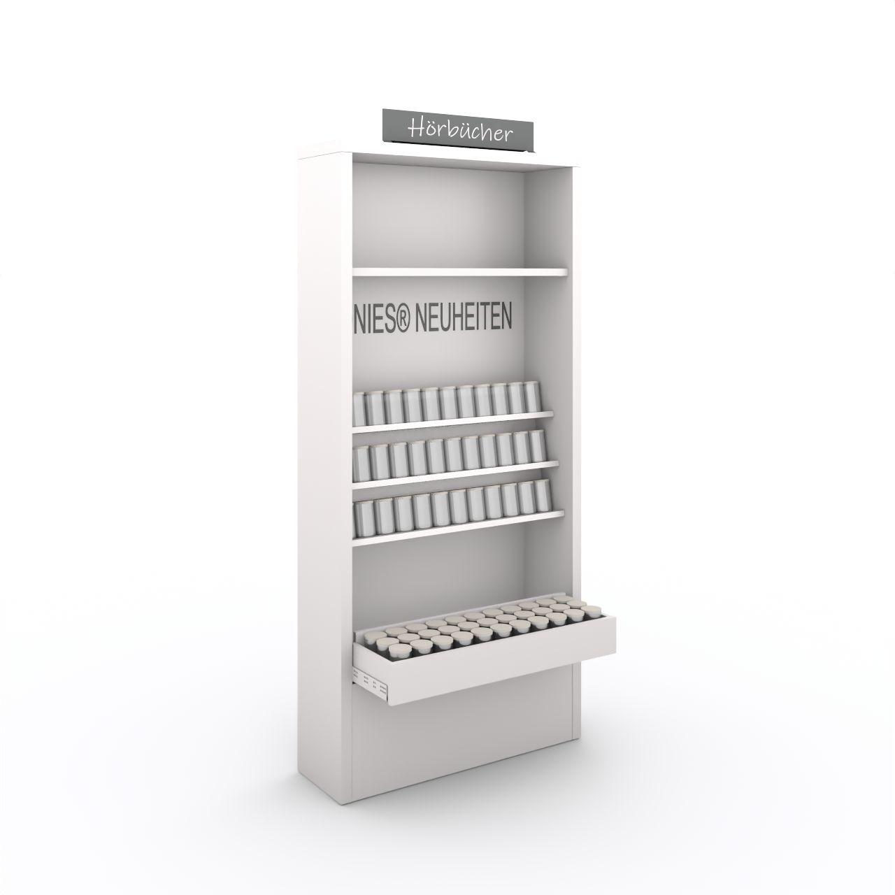 Hörbuchregal MINO mit 1 Schublade Hörbuchregal MINO 1S, mit - LED Beleuchtung - 1 Schublade - 1 Präsenter mit 3 Schrägböden - 1 geraden Fachboden Breite: 946 mm Tiefe:300 mm Höhe:2038 mm Oberflächen: Seiten: Standardweiß Abdeckplatte: Standardweiß Kanten Seiten und Abdeckplatte: Stand