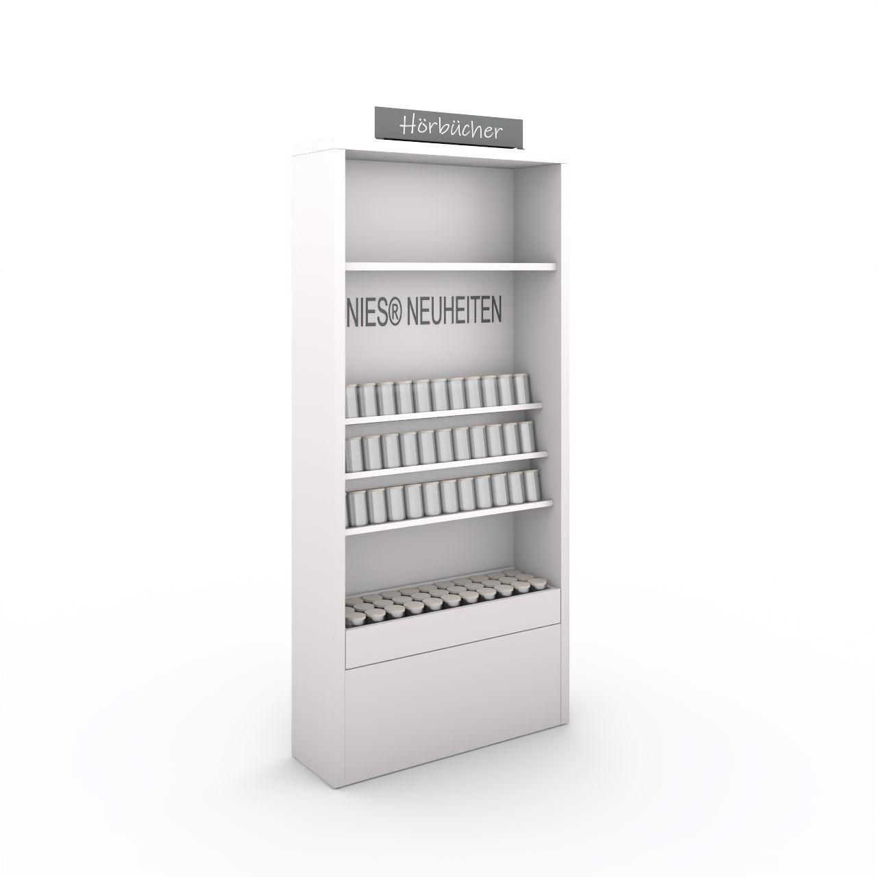 Hörbuchregal MINO mit 1 Schublade Hörbuchregal MINO 1S, mit - LED Beleuchtung - 1 Schublade - 1 Präsenter mit 3 Schrägböden - 1 geraden Fachboden Breite: 946 mm Tiefe:300 mm Höhe:2038 mm Oberflächen: Seiten: Standardweiß Abdeckplatte: Standardweiß Kanten Seiten und Abdeckplatte: Stand