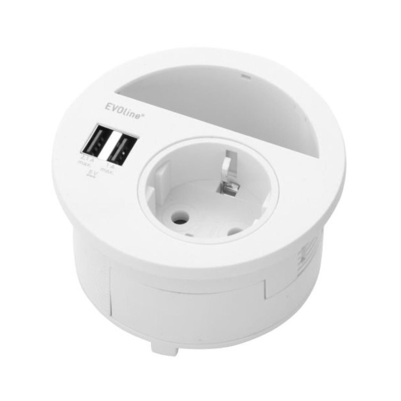 EVOline Circle 80 Kabeldurchführung 3 in 1 Circle 80 ø 80 mm, mit 2x USB Charger und 1x Steckdose 220V, mit Abdeckung für Kabeldurchführung 3m Anschlußkabel mit Winkelschukostecker; Oberfläche: Weiß