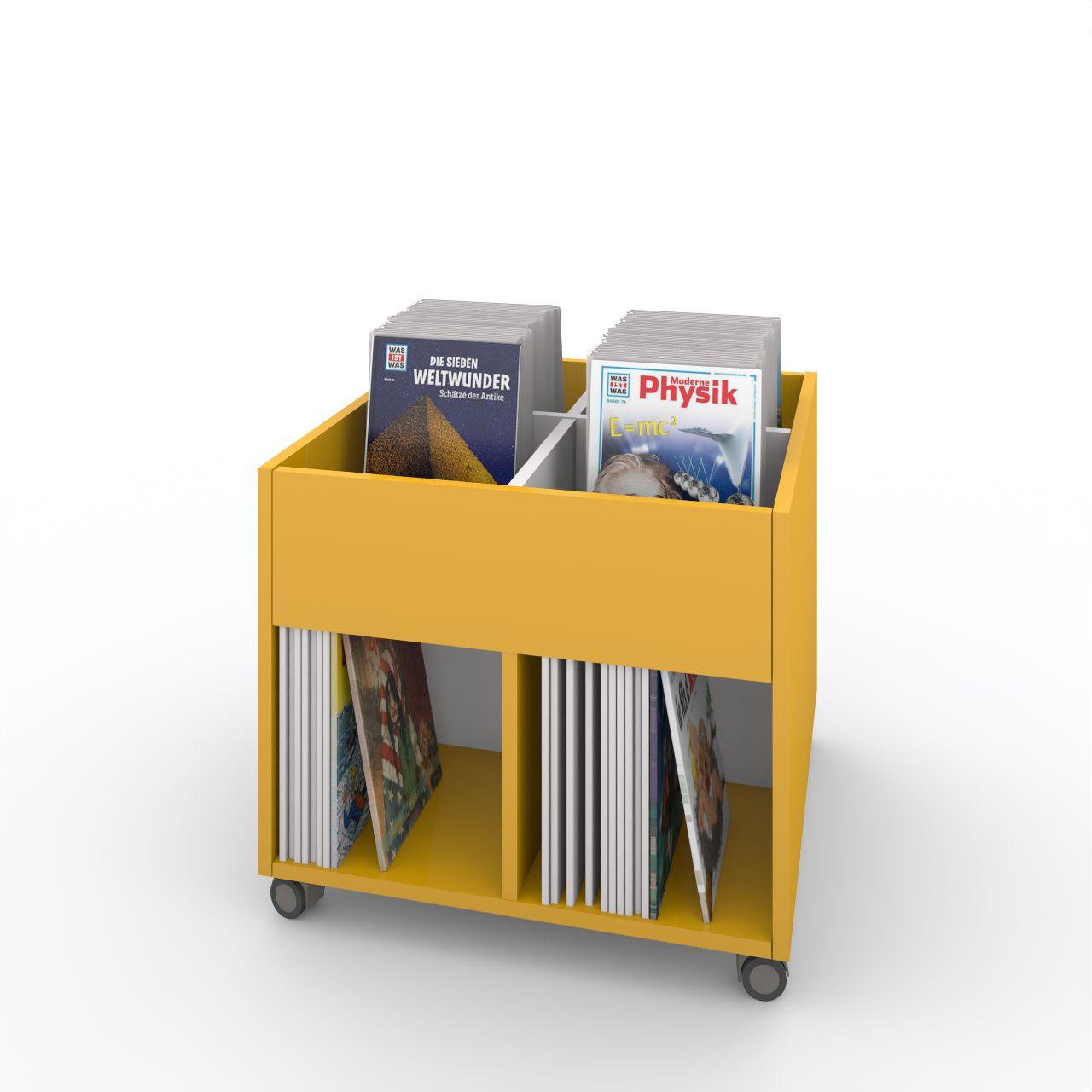 Büchertrog MARKET Quadrat, fahrbar, H 605 mm MARKET Quadrat 8 Fächer, auf Rollen seitlich 4 offene Fächer, oben 1 fester und 2 herausnehmbaren Fachteiler, inkl. Antirutschmatten Breite: 670 mm Tiefe:670 mm Höhe: 605 mm Oberfläche: Korpus: Dottergelb Trennschiede und Rückwände: Standardweiß Kapaz