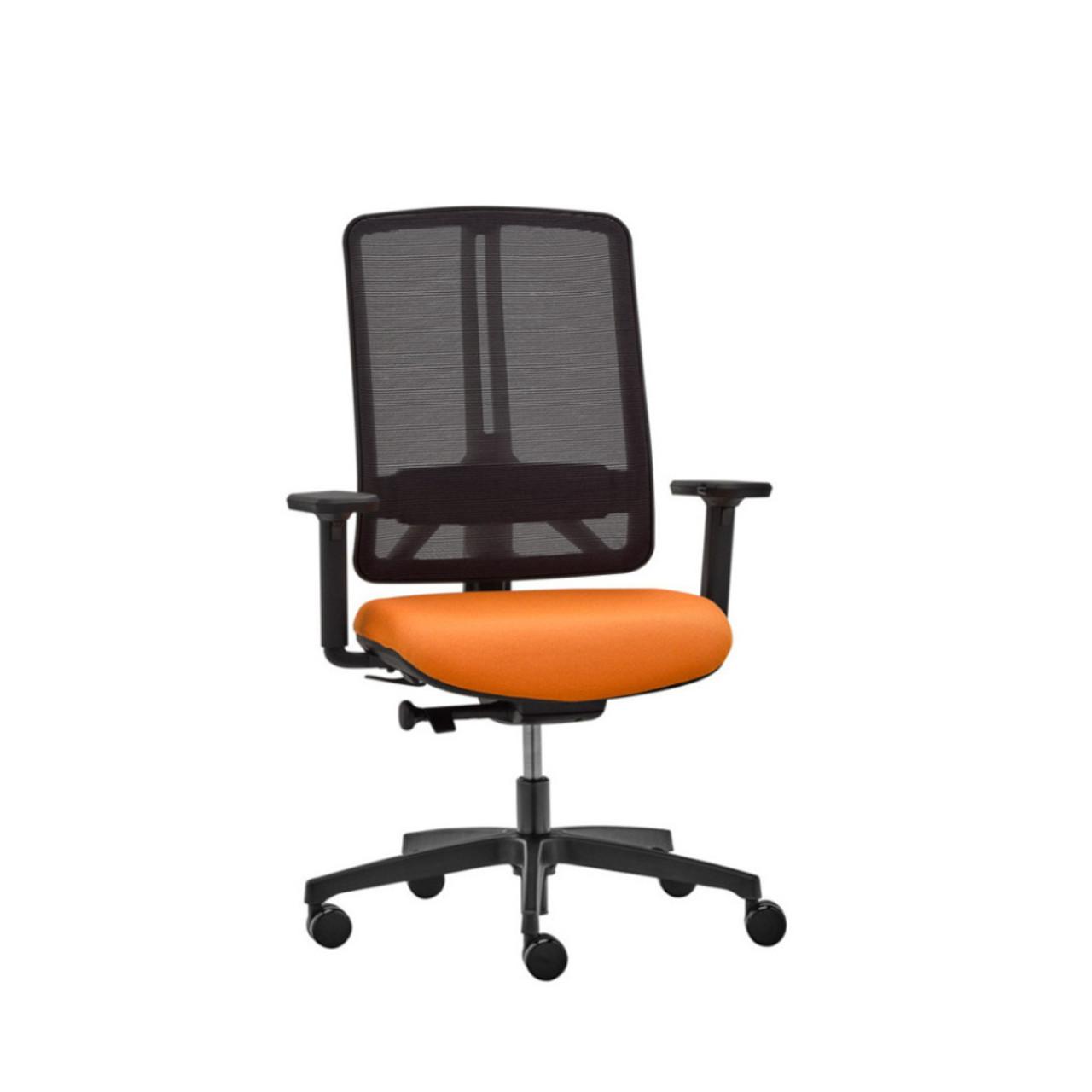 Bürostuhl Flexi mit Netzrücken und Armlehnen Bürodrehstuhl Flexi - auf Rollen, - mit Netzrücken - Armlehnen höhenverstellbar - Lumbalstütze höhenverstellbar Sitzhöhe 410-530 mm, Fußkreuz schwarz Breite:680 mm Tiefe: 680 mm Höhe: 1020-1200 Sitzpolster: Rim Fame 4150, orange Netzrücken:Rim, Net