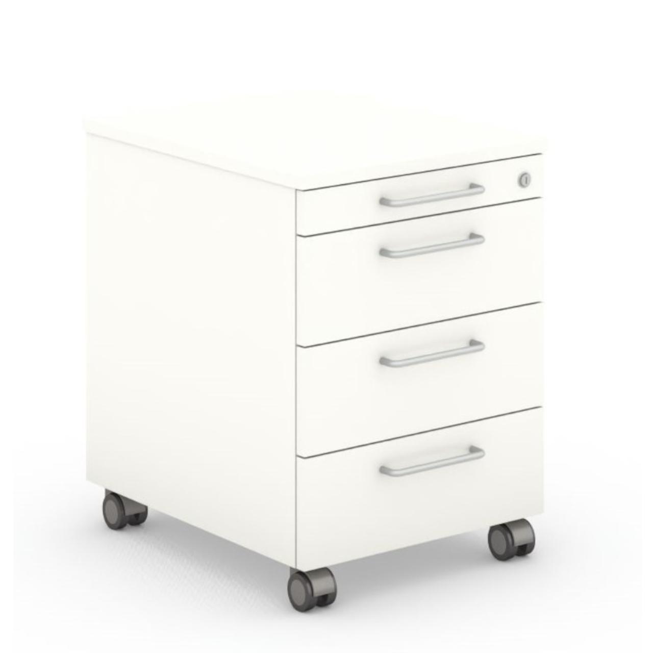 Rollcontainer, 1/3/3/3 Rollcontainer mit - Utensilienauszug - 3 Schubladen mit Selbsteinzug - Zentralverschluß - Griff PPA Breite: 423 mm Tiefe:600 mm Höhe: 594 mm Oberfläche: Reinweiß