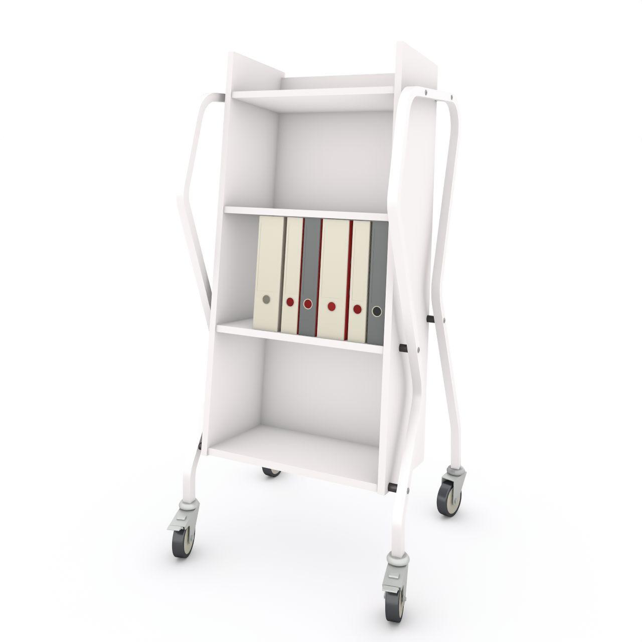 Bücherwagen TWISTER light TWISTER light, Bücherwagen, mit Abweisgummiringe 4 Lenkrollen Ø100mm, 2 mit Feststeller TWISTER light besteht aus 4 Festfachboden Fachbodenbreite:512 mm Fachbodentiefe: 295 mm Fachbodenabstand: 320 mm Breite: 728 mm Tiefe:640 mm Höhe:1420 mm Oberfläc