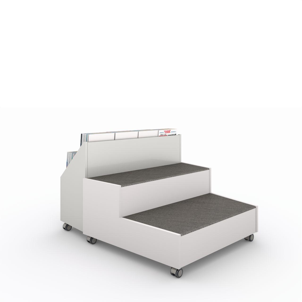 Arena-Village Podest, fahrbar Arena-Village: Podest 2-stufig in Trapezform, Höhen 250 und 450 mm. Sitzflächen mit anthrazitfarbenem Teppichbelag Rückseitig mit angebautem Villagetrog, oben mit 2 Einstellfächer für Comics incl. Rollen (alle mit Feststeller) Breite:1033 mm Tiefe: 1137