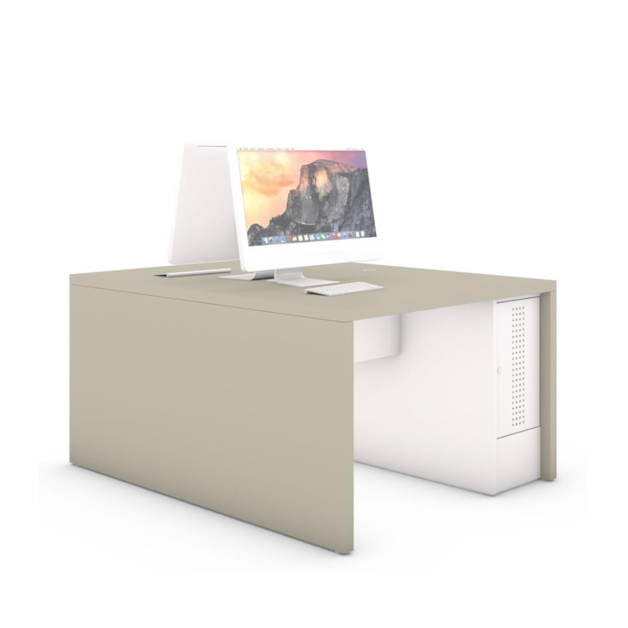 ORDI 2 PC-Arbeitstisch ORDI 2 PC Arbeitstisch Breite:1185 mm Tiefe: 1300 mm Höhe: 750 mm Tischplatte und -seiten: Kaschmirgrau PC-Fach Korpus und Kabelkanal: Standardweiß PC-Fach Tür: Standardweiß matt