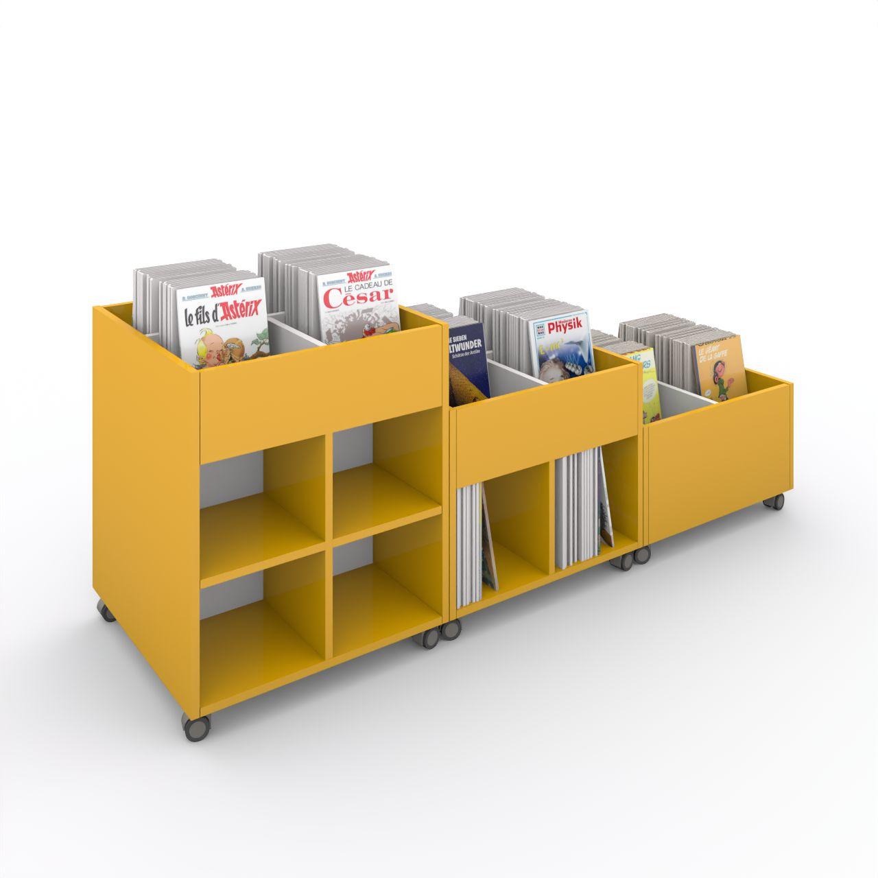 Büchertrog MARKET Quadrat, fahrbar, H 605 mm MARKET Quadrat 8 Fächer, auf Rollen seitlich 4 offene Fächer, oben 1 fester und 2 herausnehmbaren Fachteiler, inkl. Antirutschmatten Breite: 670 mm Tiefe:670 mm Höhe: 605 mm Oberfläche: Korpus: Dottergelb Trennschiede und Rückwände: Standardweiß Kapaz