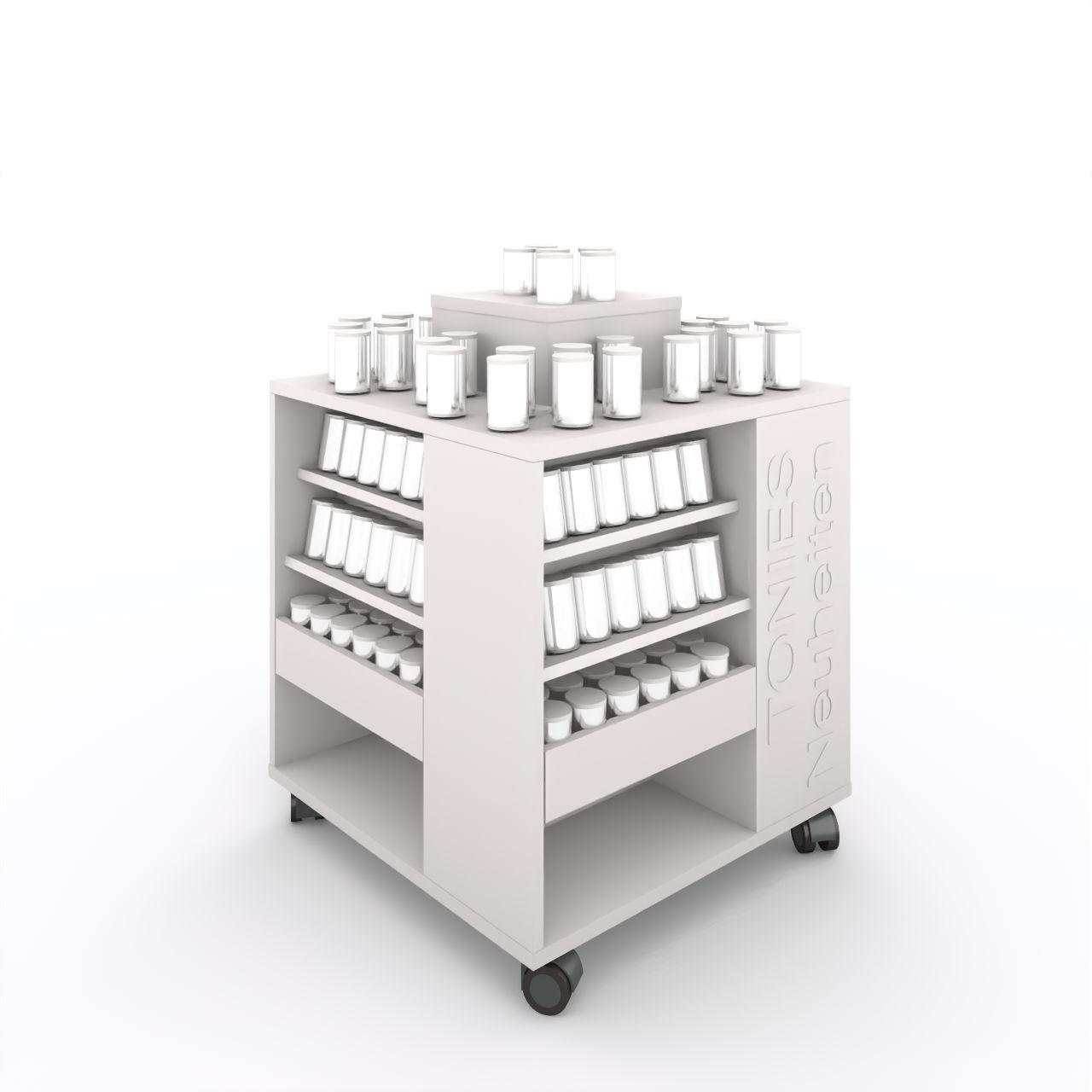 KINOCUBE für Tonies TONIESCUBE für Tonies fahrbar, mit insgesamt 8 schrägen Präsentationsflächen, 4 Schubladen auf Vollauszügen und einer Präsentationsfläche mit einem Aufsatzkorpus, Höhe 150 mm Breite:822 mm Tiefe: 822 mm Höhe:900 mm Gesamthöhe: 1050 mm Oberfläche: Korp