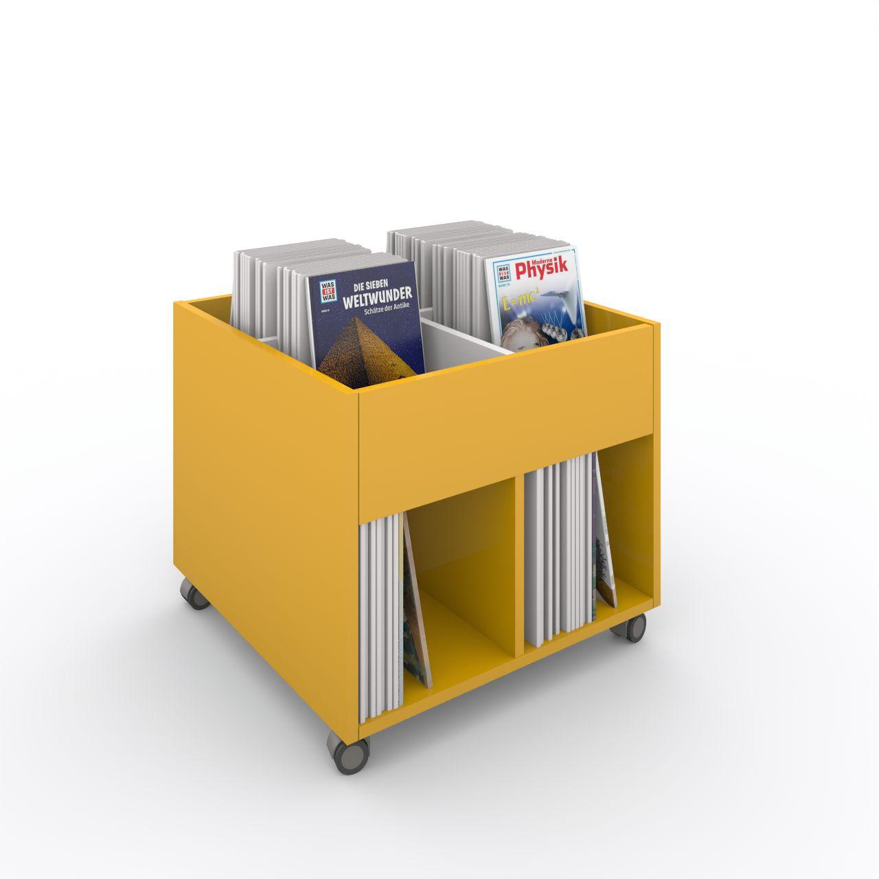 Büchertrog MARKET Quadrat, fahrbar, H 605 mm MARKET Quadrat 8 Fächer, auf Rollen seitlich 4 offene Fächer, oben 1 fester und 2 herausnehmbaren Fachteiler, inkl. Antirutschmatten Breite: 670 mm Tiefe:670 mm Höhe: 605 mm Oberfläche: Korpus: Dottergelb Trennschiede und Rückwände: Standardweiß Kapaz