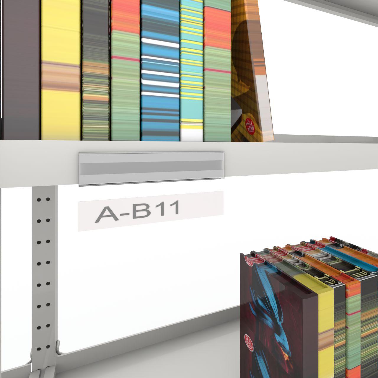 Aufklemmschild Fachbodenbeschriftung Aufklemmschild für Holz- und Metallfachböden mit Einschub für Beschriftungskarton Länge:105 mm Material: PMMA schlagzäh Farbe:farblos