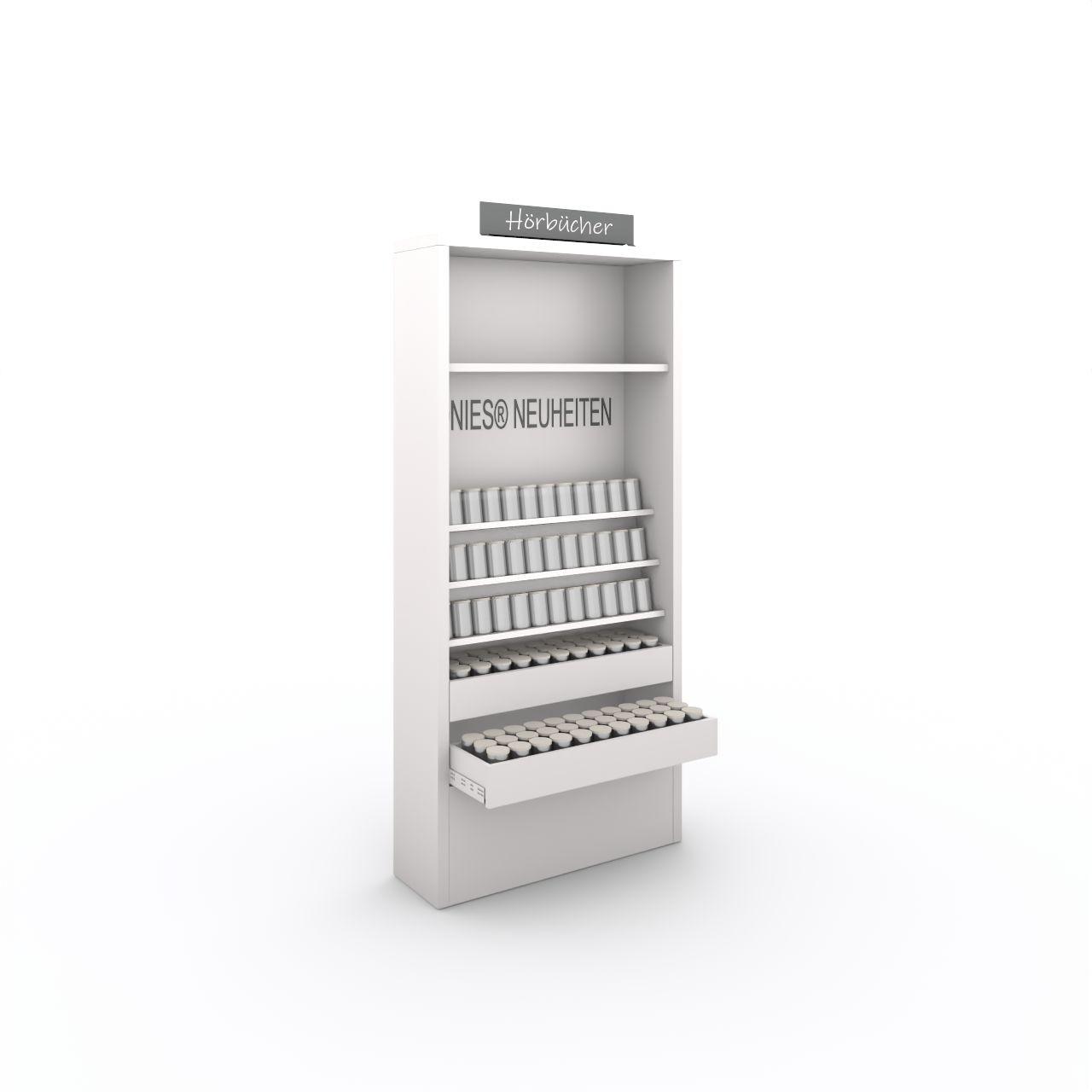 Hörbuchregal MINO, mit 2 Schubladen Hörbuchregal MINO, mit - LED Beleuchtung - 2 Schubladen - 1 Präsenter mit 3 Schrägböden - 1 geraden Fachboden Breite: 946 mm Tiefe:300 mm Höhe:2038 mm Oberflächen: Seiten: Standardweiß Abdeckplatte: Standardweiß Kanten Seiten und Abdeckplatte: Standar