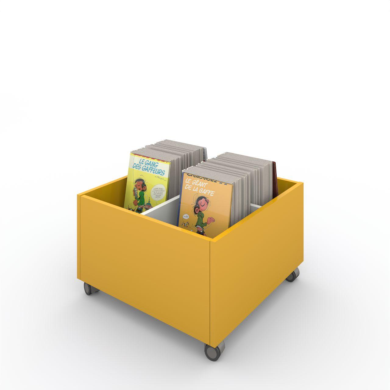 Büchertrog MARKET Quadrat, fahrbar, H 405 mm MARKET Quadrat, 4 Fächer, auf Rollen, 1 fester und 2 bewegliche Fachteiler für variable Facheinteilung, inkl. Antirutschmatten Lange: 670 mm Tiefe: 670 mm Höhe:405 mm Oberfläche: Korpus: Dottergelb Trennschiede: Standardweiß Kapazität: 80 - 100 Comics