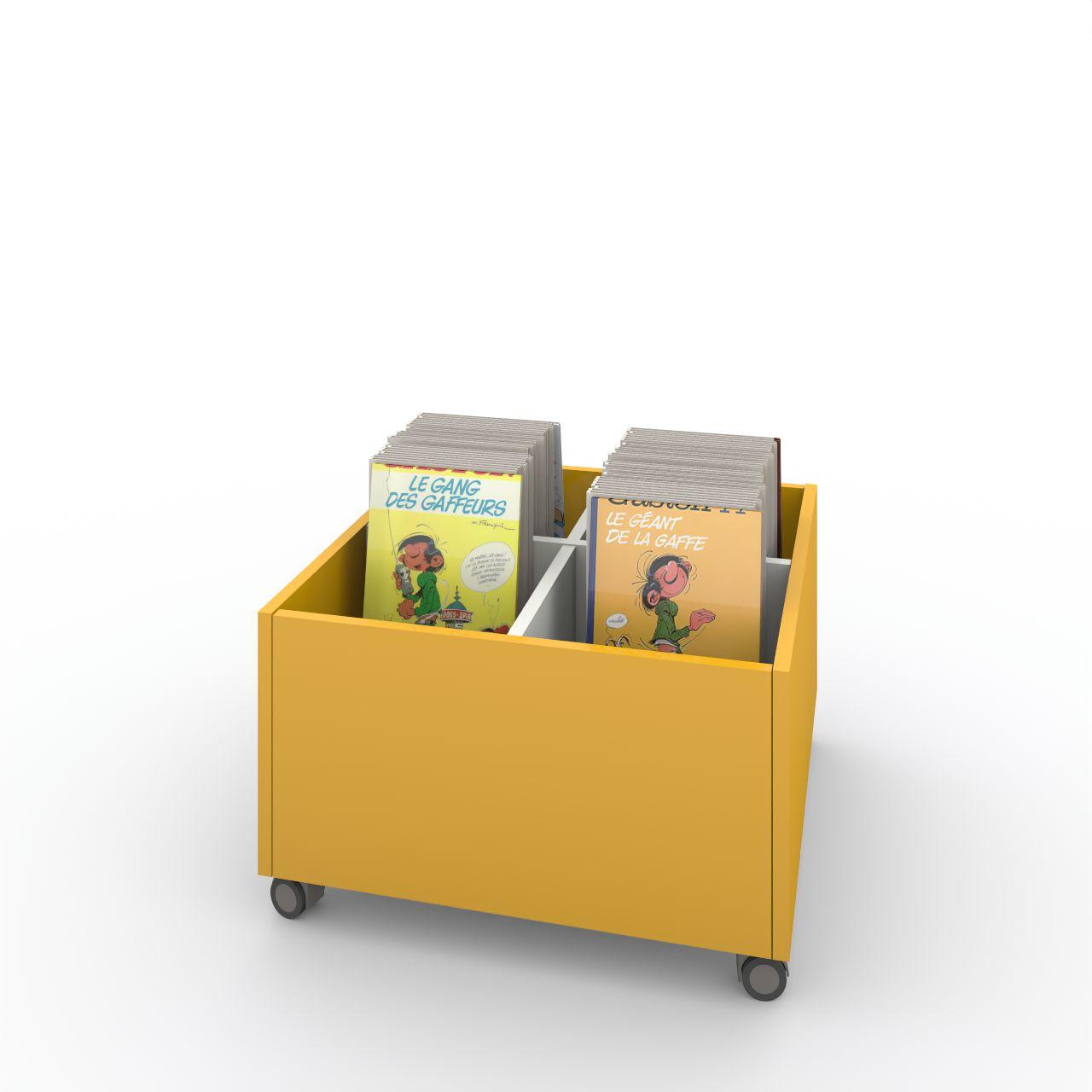 Büchertrog MARKET Quadrat, fahrbar, H 405 mm MARKET Quadrat, 4 Fächer, auf Rollen, 1 fester und 2 bewegliche Fachteiler für variable Facheinteilung, inkl. Antirutschmatten Lange: 670 mm Tiefe: 670 mm Höhe:405 mm Oberfläche: Korpus: Dottergelb Trennschiede: Standardweiß Kapazität: 80 - 100 Comics