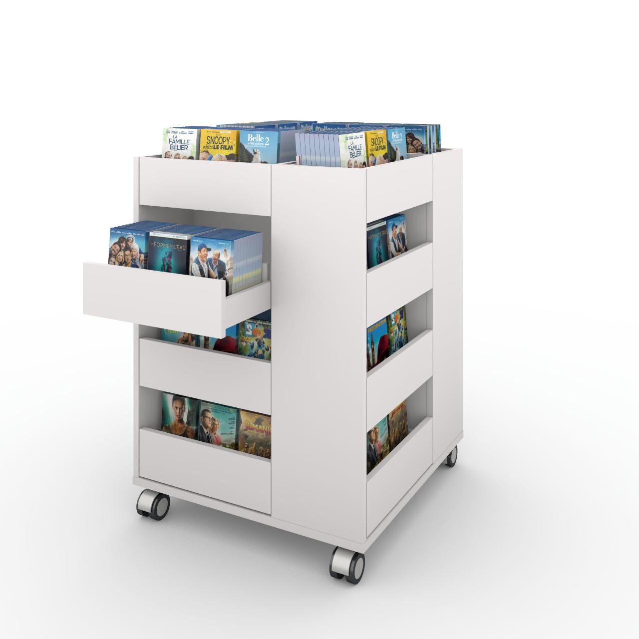 KINOCUBE Medienturm KINOCUBE Medienturm fahrbar, mit insgesamt 16 Fächern davon 12 Schubladen auf Vollauszügen (3 auf jeder Seite) und 4 offenen, festen Fächern oben Breite: 822 mm Tiefe:822 mm Höhe:1140 mm Oberfläche: Korpus: Standardweiß Schubladen/Tröge Vorderstück: