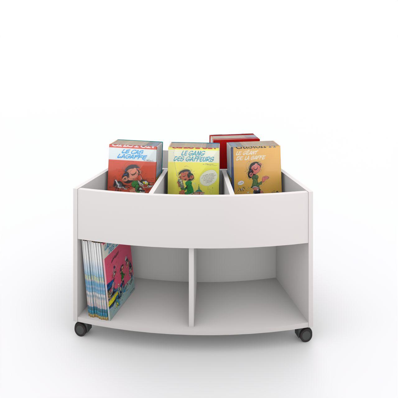 Büchertrog MARKET Radius, fahrbar, H 605 mm MARKET Radius 9 Fächer, auf Rollen seitlich 4 offene Fächer, oben 1 fester und 3 bewegliche Fachteiler für bis zu 5 Fächer, inkl. Antirutschmatten Breite: 965 mm Tiefe:670 mm Höhe: 605 mm Oberfäche: HPL / Melaminharz Korpus:Standardweiß Trennschiede u