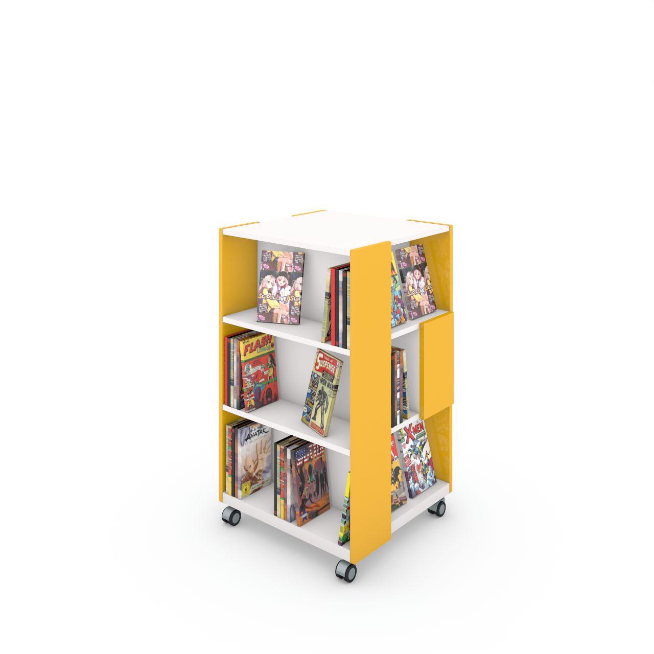 T-TRIS Bücherturm auf Rollen Bücherturm T-TRIS auf Rollen mit 4 Stellflächen 1,59 Lfm pro Etage Etagenanzahl: 3 Breite: 616 mm Tiefe:635 mm Höhe:1120 mm Fächerinnenmaße: B597/398/199-T180-H310mm Oberfläche: Seiten:Dottergelb Fachböden: Standardweiß Mittelwände: Standardweiß
