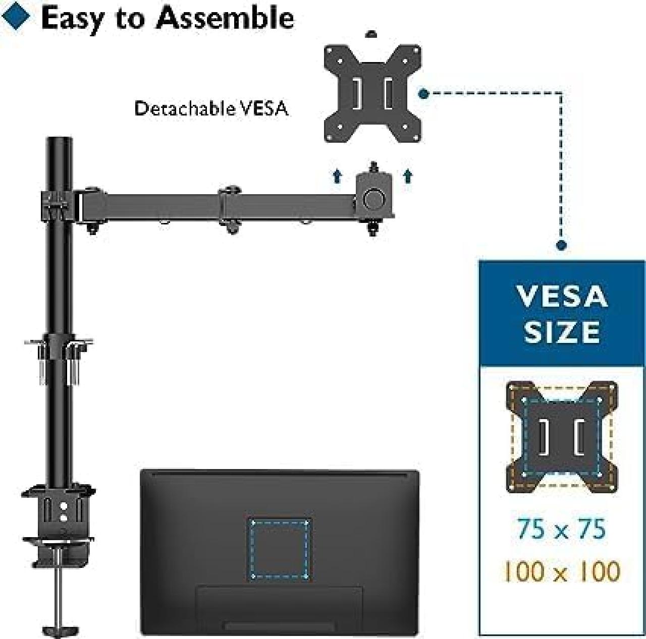 Monitorhalter, höhenverstellbar, neig- und schwenkbar, für Flachbildschirme von 13-32'', VESA 75/100, bis 8 kg Befestigung am Tisch mittels Tischhalterung oder durchgehender Schraube  Metall, mattschwarz lackiert