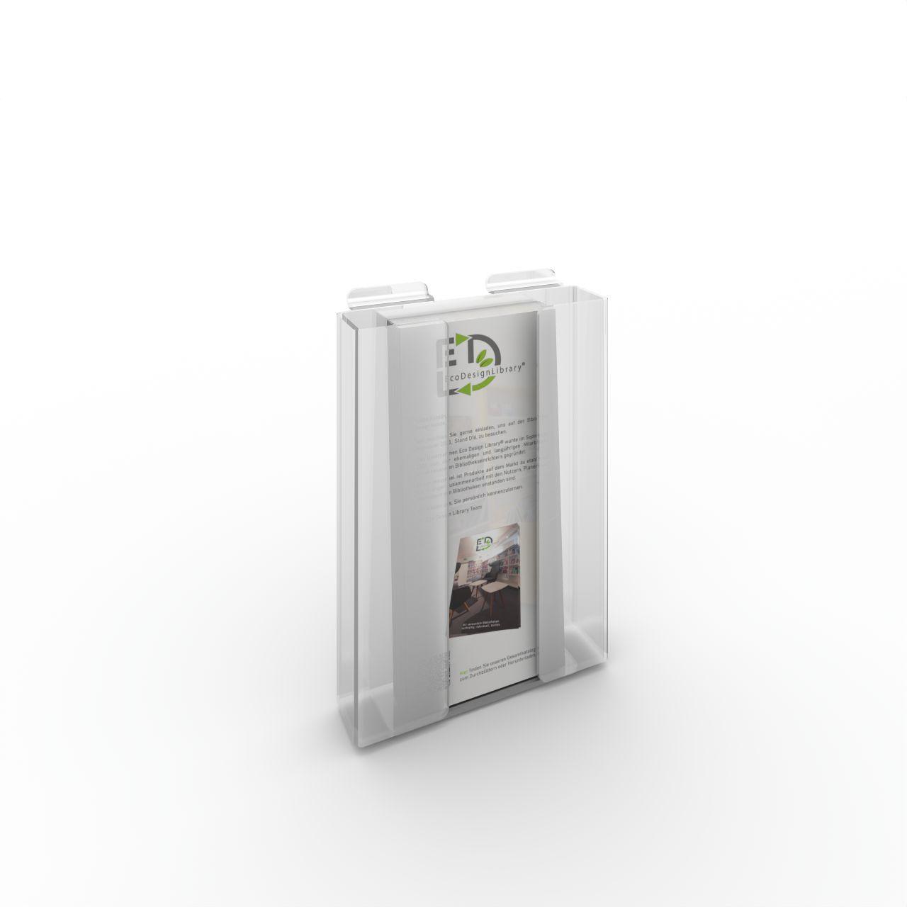 Acryldisplay Prospekthalter DIN A5 Prospekthalter DIN A5; Entnahme der Prospekte von oben; zum Einhängen in Präsentationsschiene Breite: 160 mm Tiefe: 40 mm Höhe: 220 mm Kunststoff, glasklar