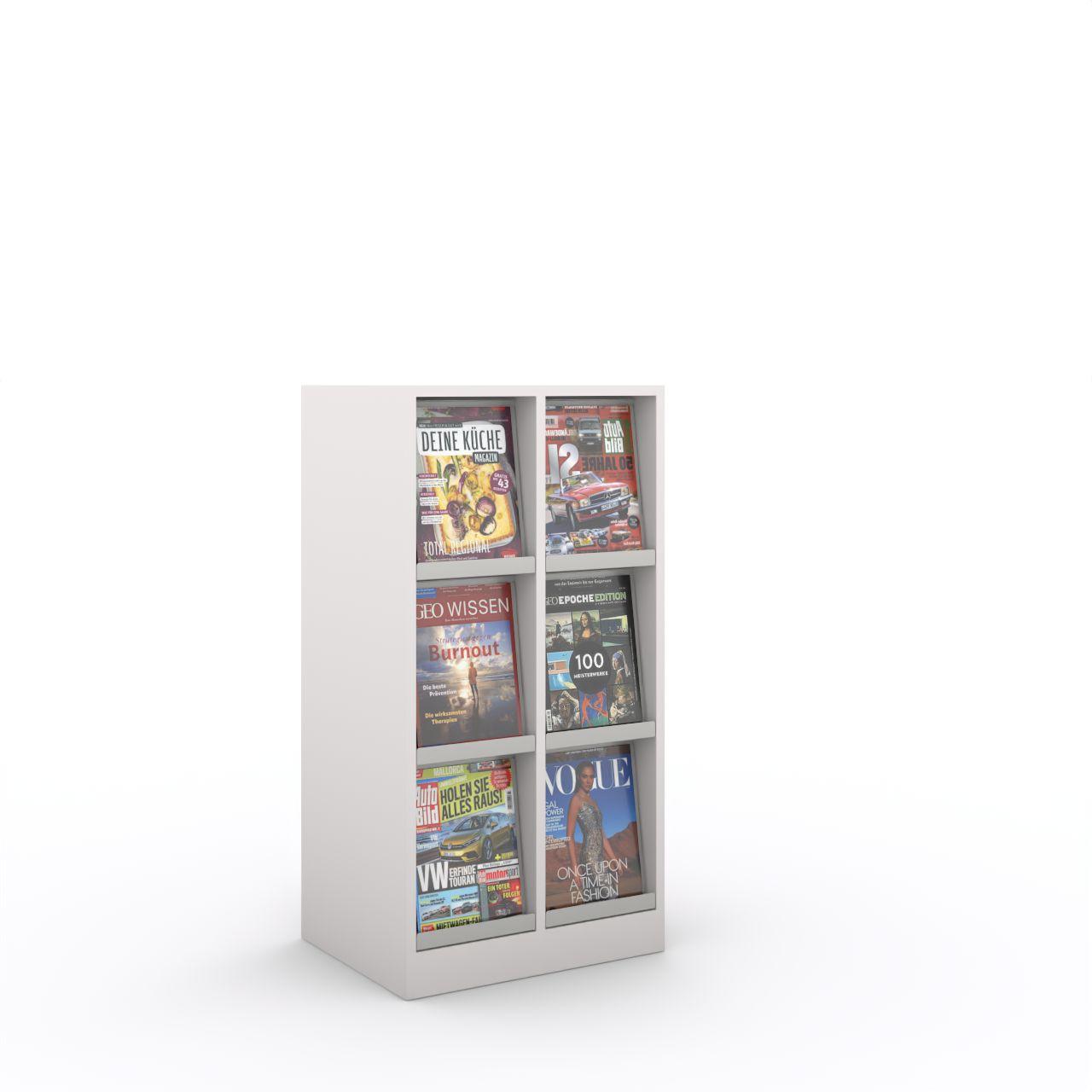 Zeitschriftenschrank mit Klappen Zeitschriftenschrank mit Metallklappen und insgesamt 6 Fächer -3 Fächer übereinander -2 Fächer nebeneinander Breite: 539 mm Tiefe:430 mm Höhe:1048 mm Stapelhöhe: ca.235 mm Oberflächen: Korpus: Standardweiß Zeitschriftenklappen: Standardweiß matt