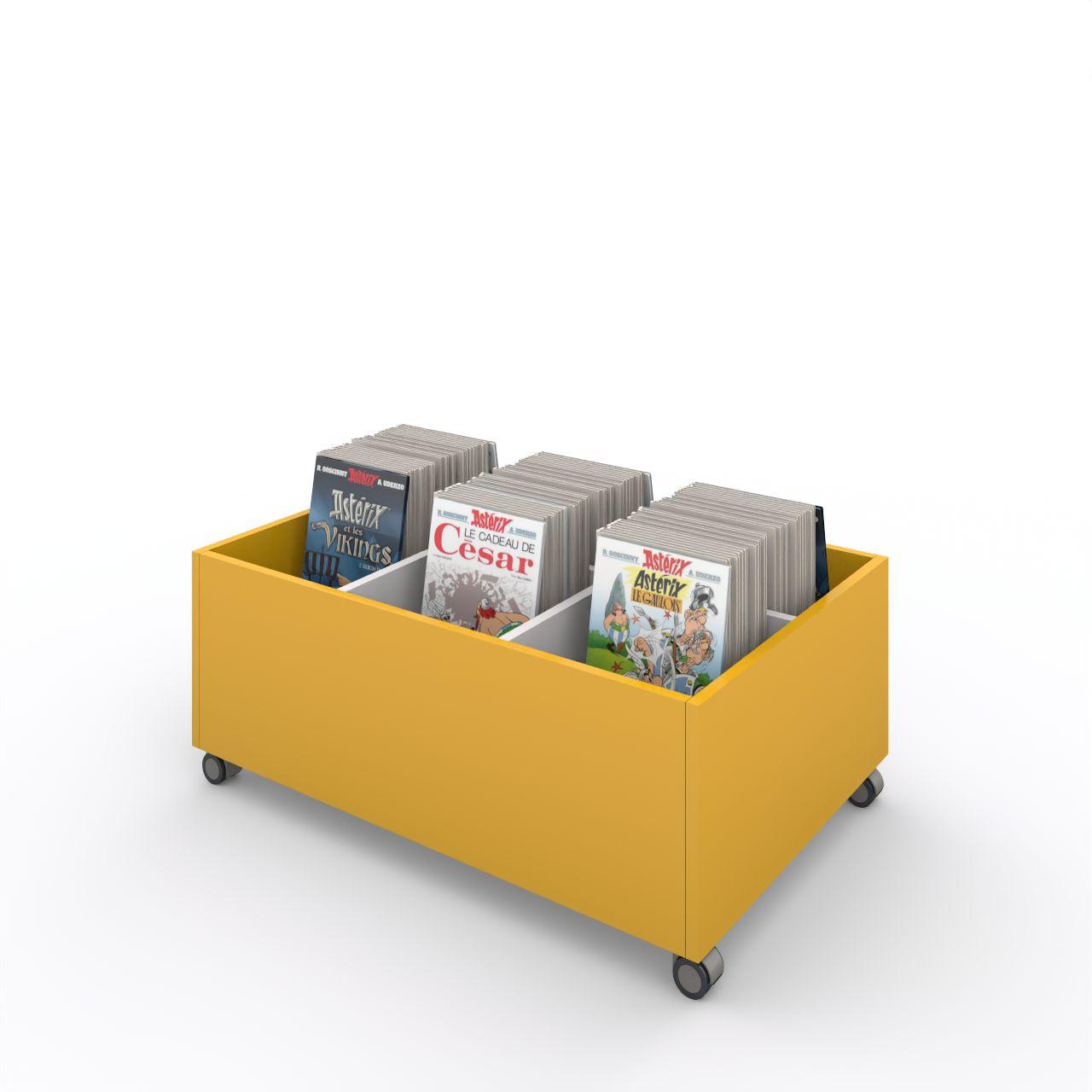 Büchertrog MARKET Rechteck, fahrbar, H 405 mm MARKET Rechteck, 6 Fächer, auf Rollen 1 fester und 4 bewegliche Fachteiler für variable Facheinteilung, inkl. Antirutschmatten Länge:995 mm Tiefe:670 mm Höhe: 405 mm Oberfläche: Korpus: Dottergelb Trennschiede: Standardweiß Kapazität: 120 - 150 Comi