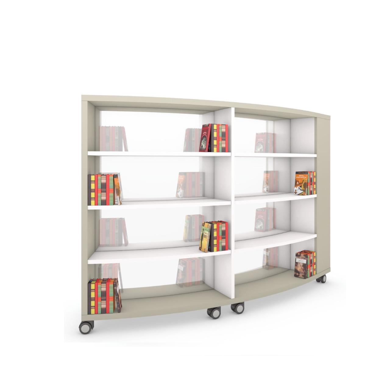 Nova RUND mobile, 2 Sektionen+Stirnseitenrega Nova RUND mobile, 2 Sektionen + Stirnseitenregal links, incl. 3 Fachböden je Sektion und Seite (ohne Fachböden für Stirnseitenregal) Breite:2256 mm Tiefe:530 mm Höhe:1553 mm Oberflächen: Außenseite: Kaschmirgrau Mittelseite:Standardweiß Stirnseitenrega